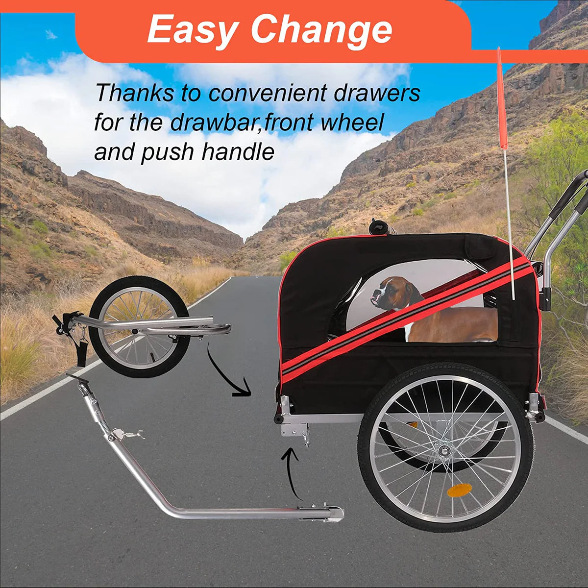 Dog Bike Trailer Cart 2 in 1 Pet Bicycle Stroller for Travel with Reflectors Parking Brake Breathable Protective Net, Red