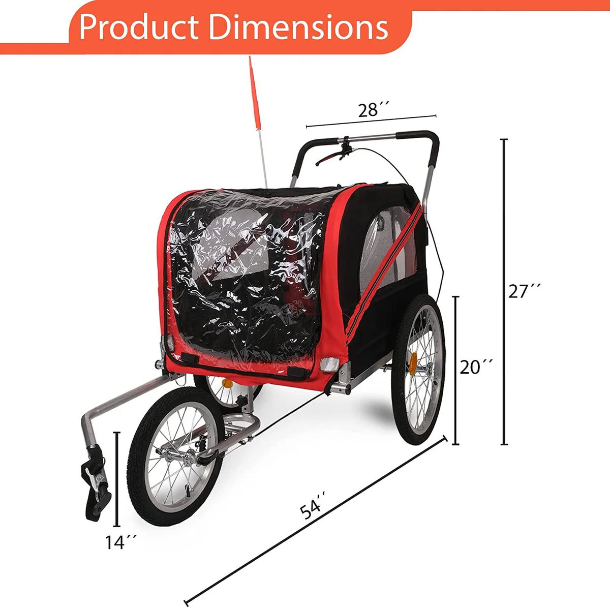 Dog Bike Trailer Cart 2 in 1 Pet Bicycle Stroller for Travel with Reflectors Parking Brake Breathable Protective Net, Red