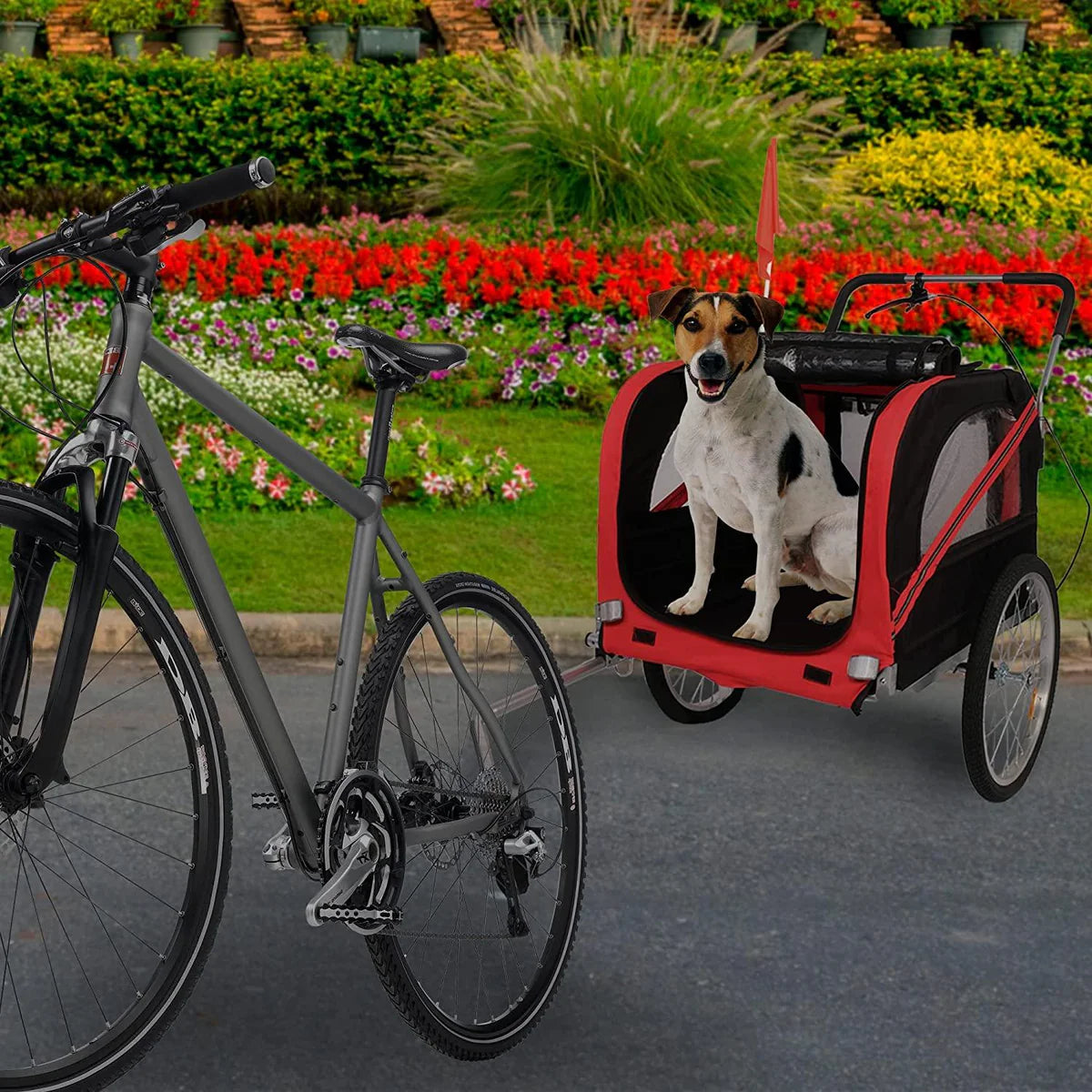 Dog Bike Trailer Cart 2 in 1 Pet Bicycle Stroller for Travel with Reflectors Parking Brake Breathable Protective Net, Red