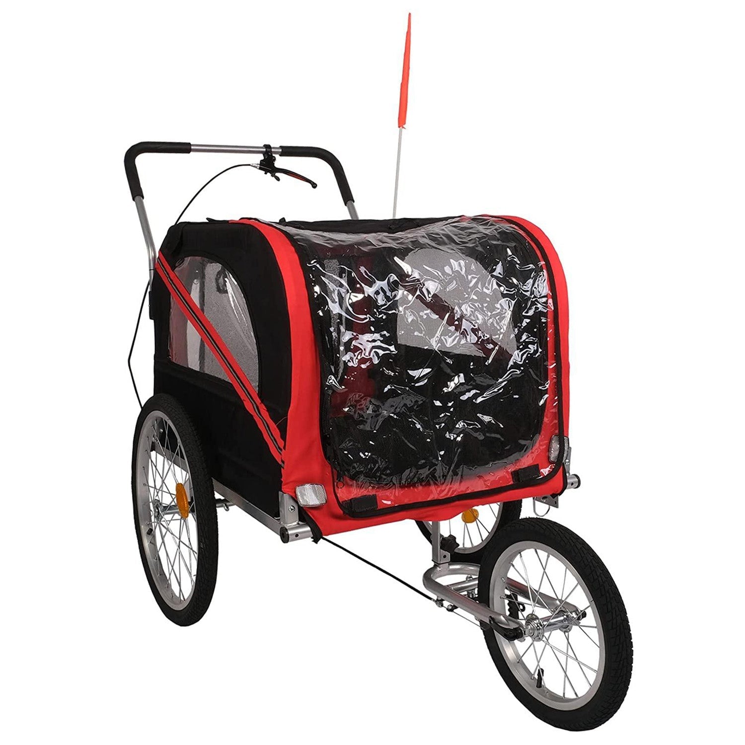 Dog Bike Trailer Cart 2 in 1 Pet Bicycle Stroller for Travel with Reflectors Parking Brake Breathable Protective Net, Red