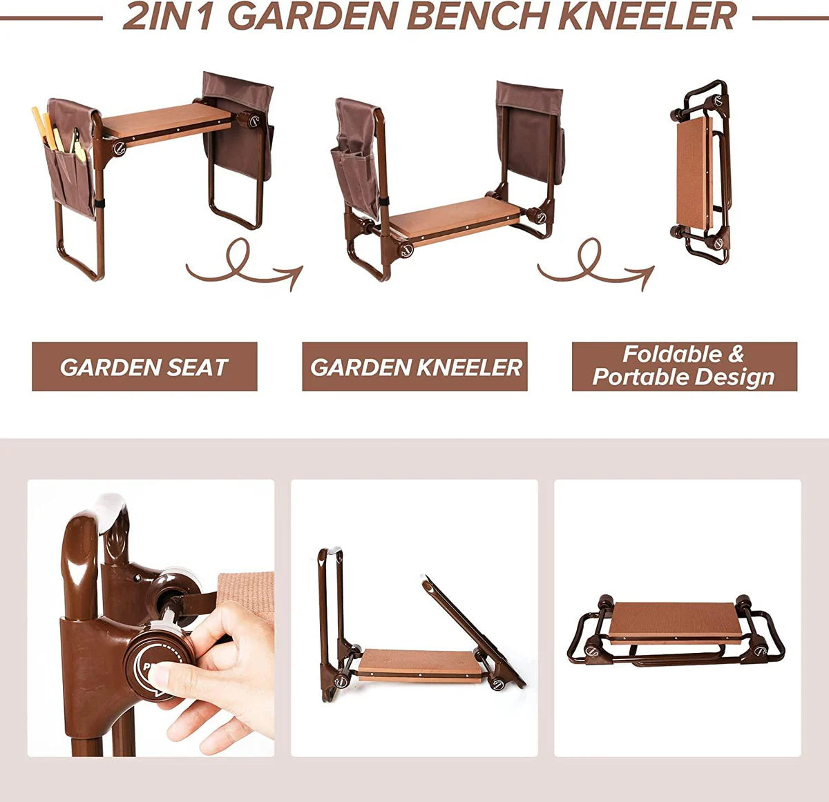 Garden Kneeler Seat Stool Garden Folding Bench with 2 Tool Pouches & EVA Foam Kneeling Pad, Brown