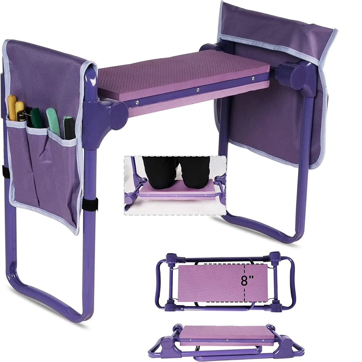 Garden Kneeler Widen Seat Bench Folding Gardening Stools with EVA Foam Kneeling Pad and 2 Tool Pouch, Purple