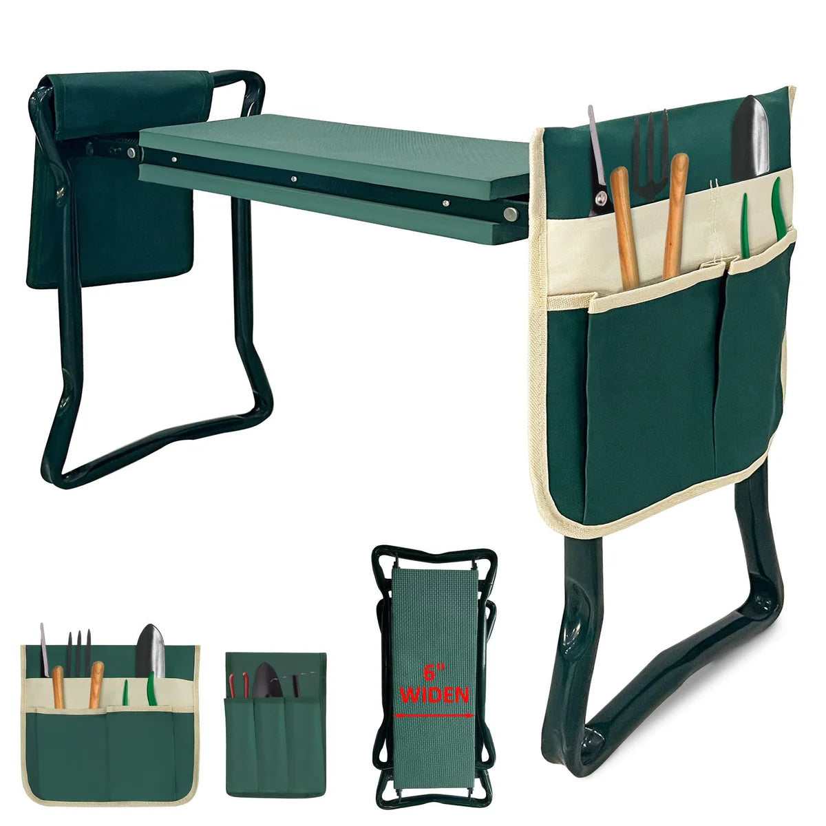 Foldable Garden Kneeler and Seat Gardening Bench with Two Tool Pouches and 6" Widen Soft Kneeling Pad