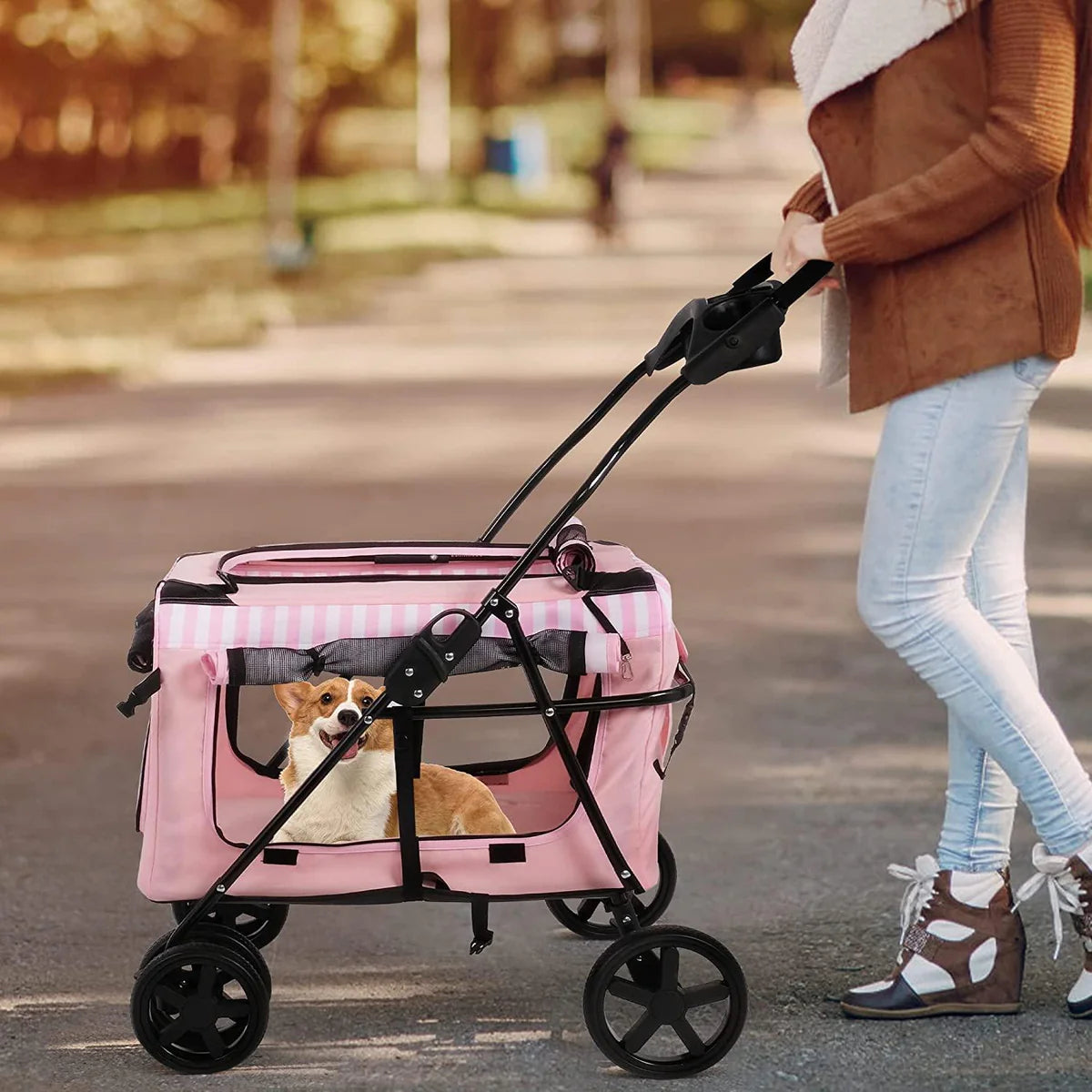 3-in-1 Folding Pet Stroller Travel Pet Gear Stroller with Detachable Carrier Bag & Water Cup Holder, Pink