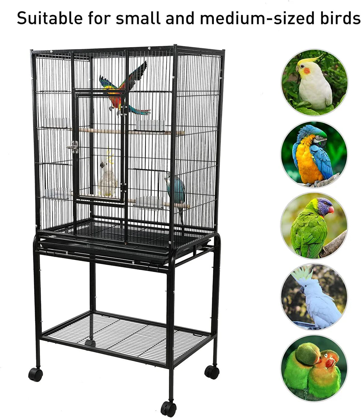 53 Inch Bird Cage with Rolling Stand & Storage Shelf, Large Iron Parrot Cage for Cockatiel, Conure, Lovebird, Parakeets