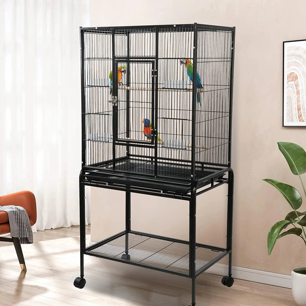 53 Inch Bird Cage with Rolling Stand & Storage Shelf, Large Iron Parrot Cage for Cockatiel, Conure, Lovebird, Parakeets