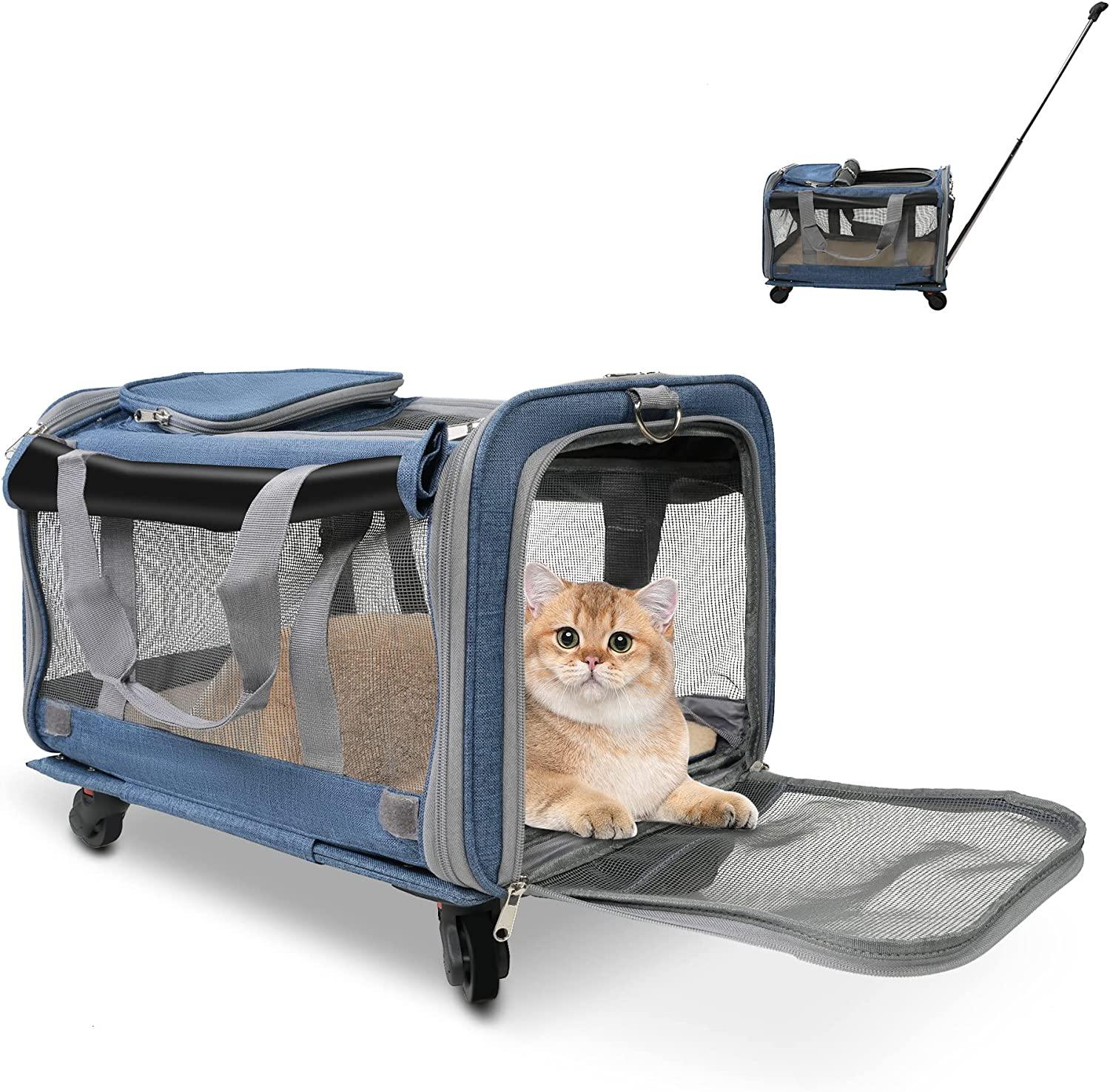 Cat Carriers with Wheels, Airline Approved Pet Travel Carriers with Breathable Mesh, Safe Locking Zippers