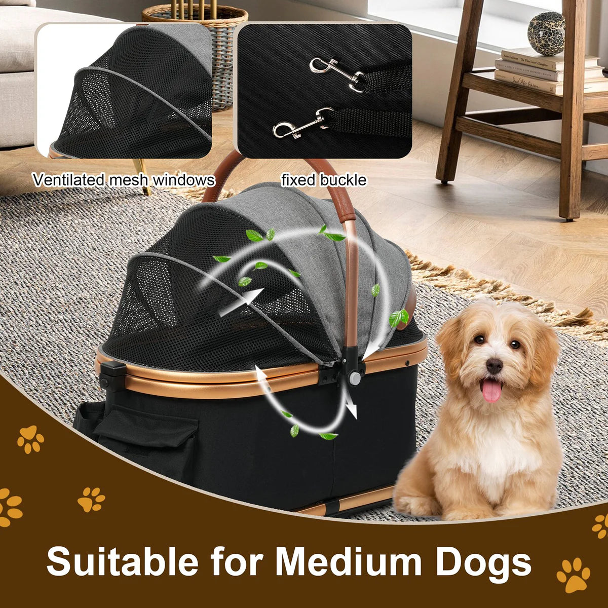 Folding Pet Stroller with Detachable Carrier for Medium Small Dogs Cats, Gold