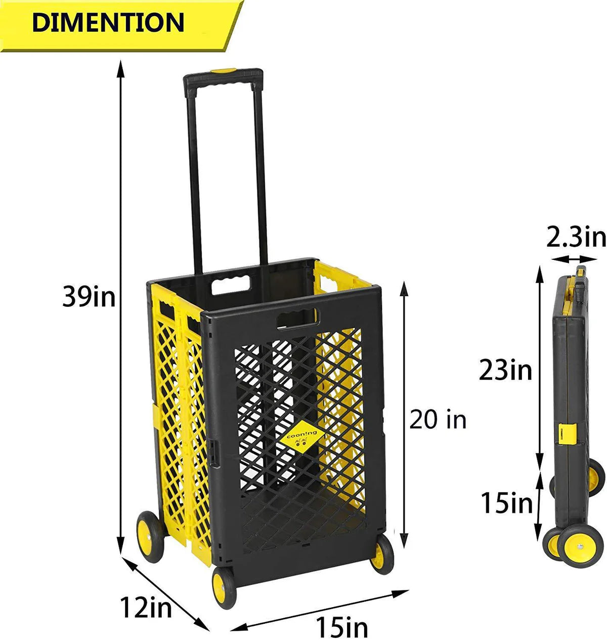 55L Foldable Rolling Cart with Wheels, Portable Updated Utility Tools Rolling Crate w/ Telescopic Handle, Yellow