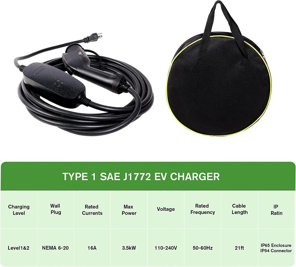 16A 21ft Portable Level 1-2 Electric Vehicle (EV) Charger110V-240V with NEMA 6-20 Plug For J1772 EVs