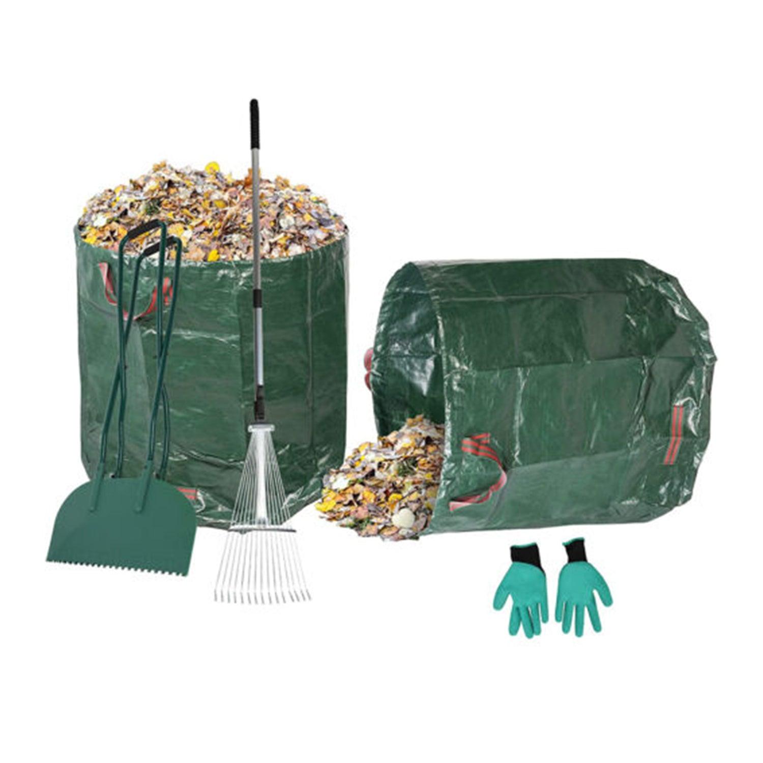 Leaf Scoop Hand Rake Set with Reuseable Garden Bag & 1 Pair Work Gloves for Collecting Leaves, Mulch and Debris