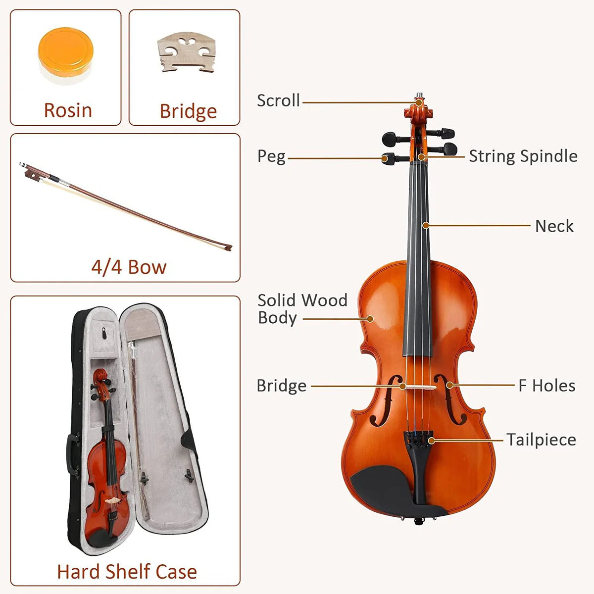 4/4 Full Size Violin Set Kids Premium Handcraft Violin with Case for Age 11+