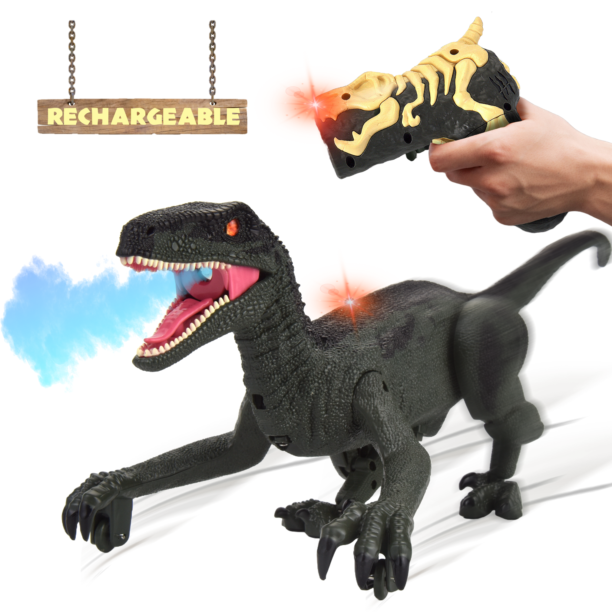 R/C Dino Velociraptor Walking Dinosaur w/Light & Sounds Green