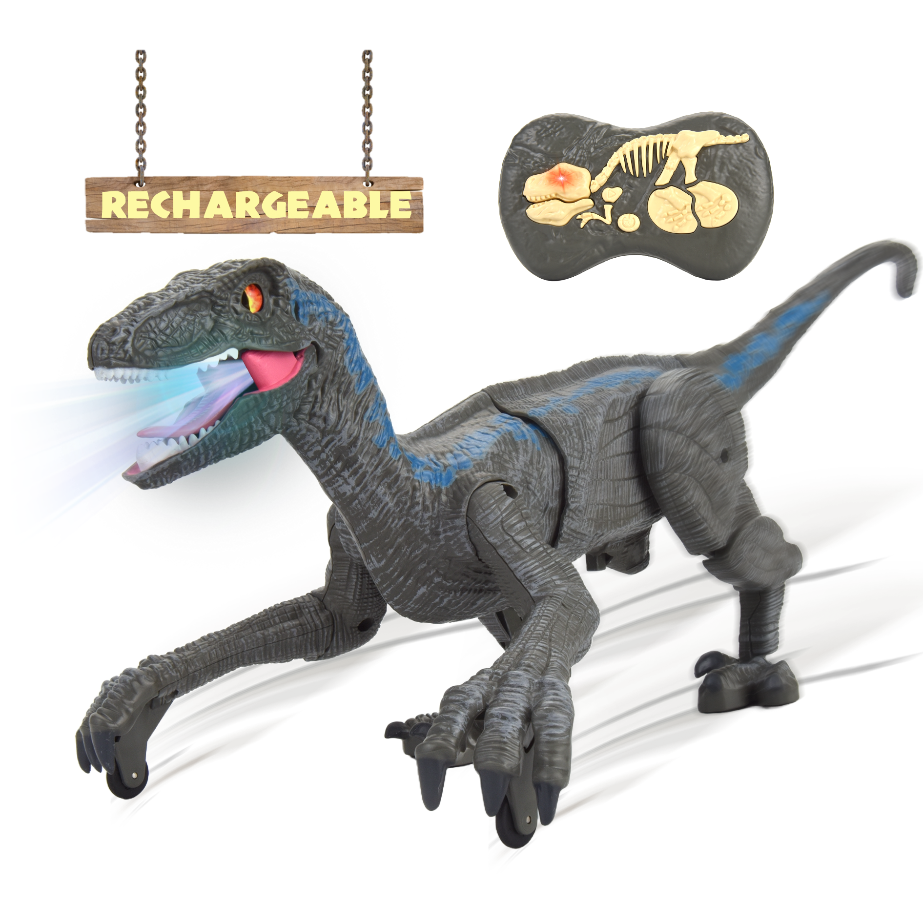 R/C Dino Velociraptor w/3D Eye ED Light, Roaring & Shaking Head/Tail Gray