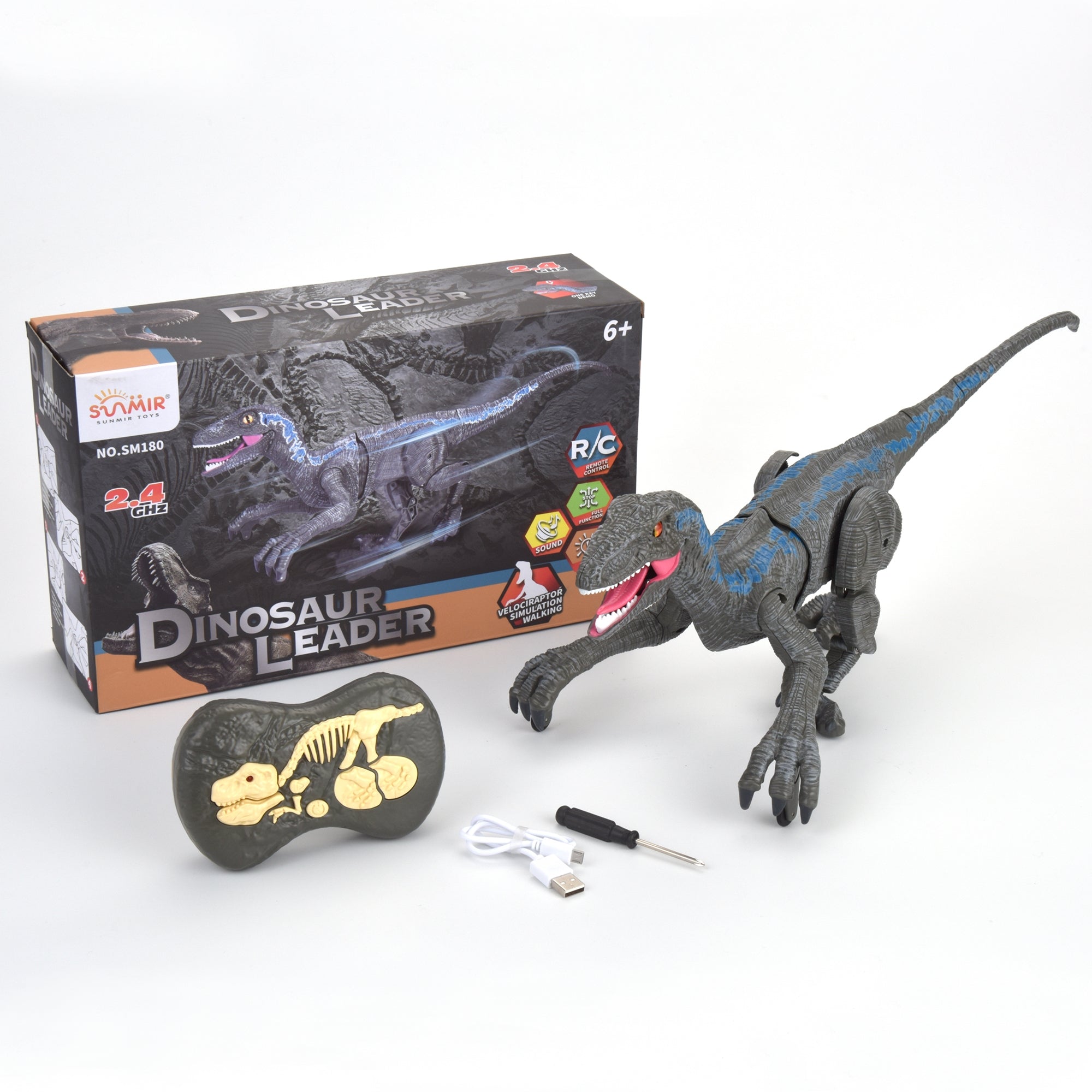 R/C Dino Velociraptor w/3D Eye ED Light, Roaring & Shaking Head/Tail Gray