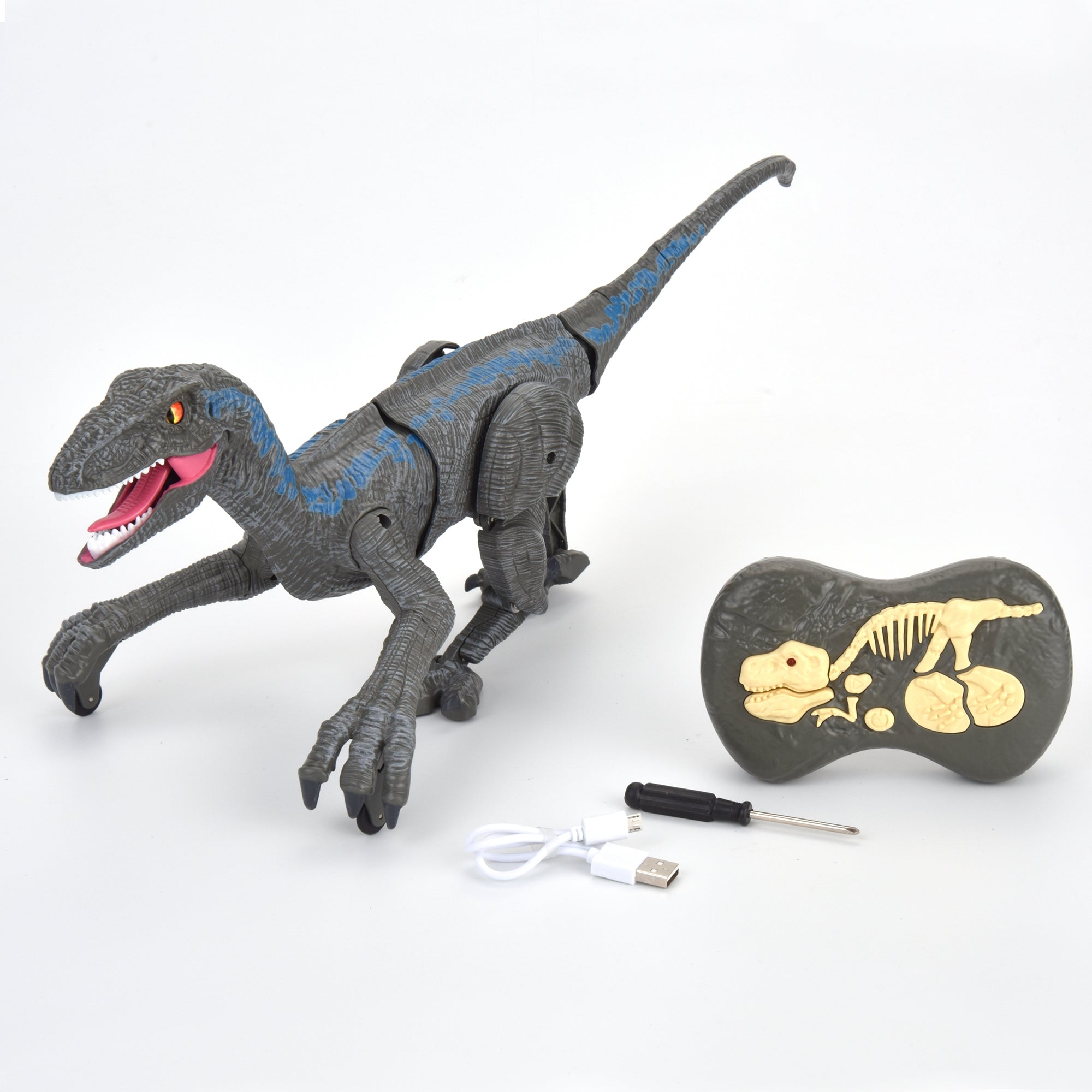 R/C Dino Velociraptor w/3D Eye ED Light, Roaring & Shaking Head/Tail Gray