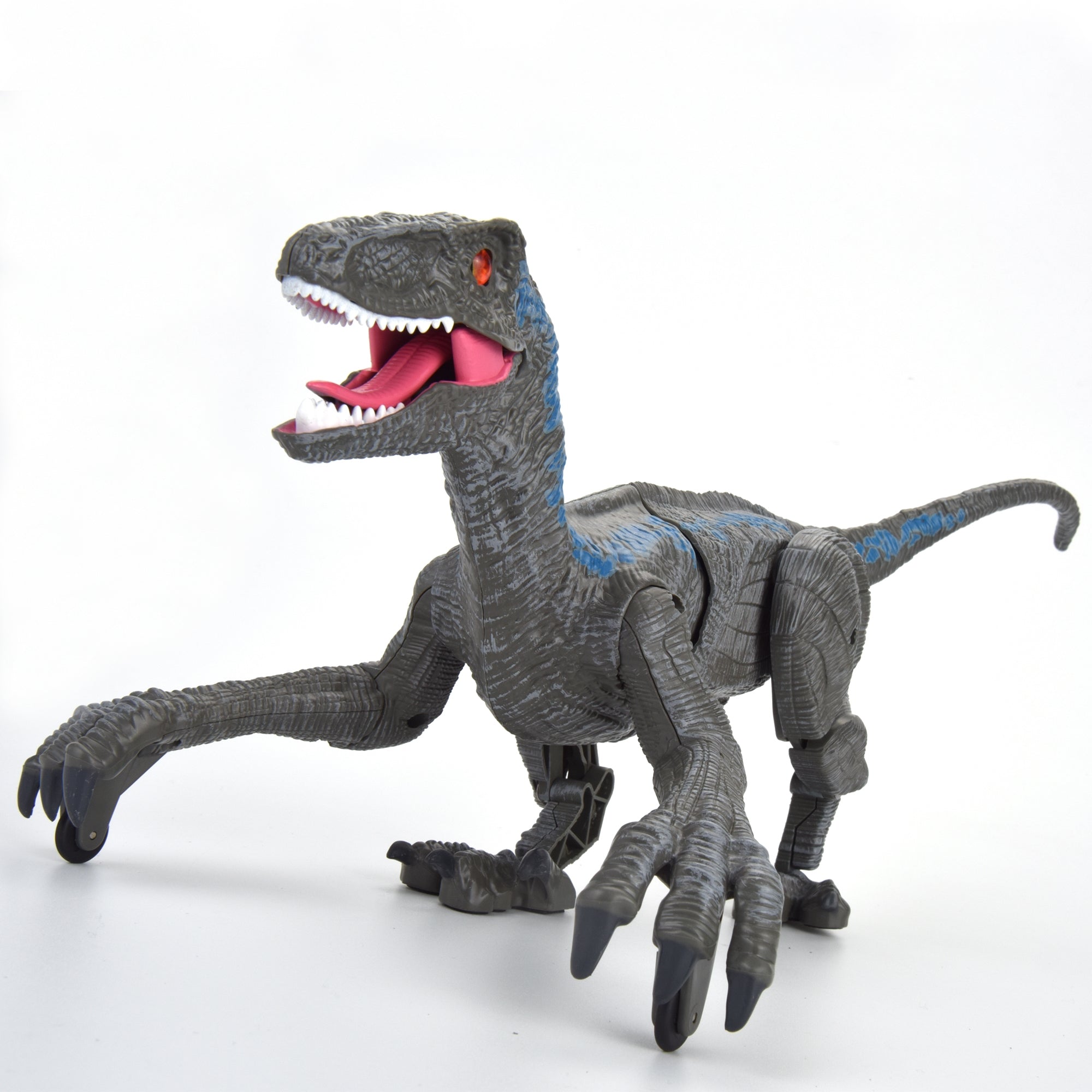 R/C Dino Velociraptor w/3D Eye ED Light, Roaring & Shaking Head/Tail Gray