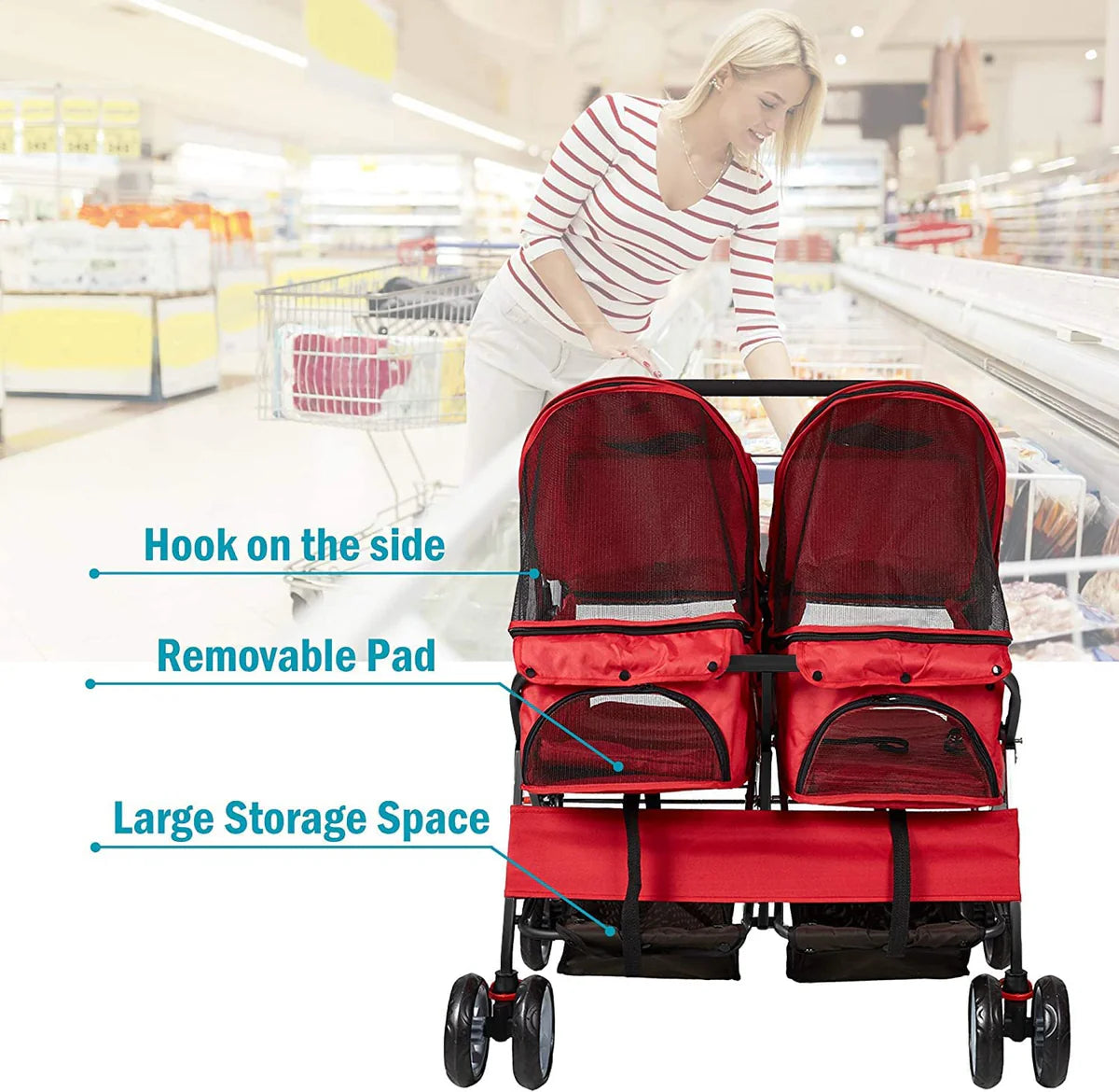 Double Folding Dog & Cat Stroller Two-Seater Pet Carrier Cart, Red