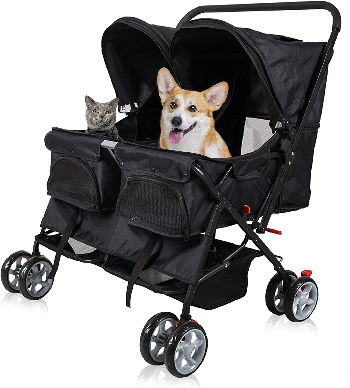 Pet Stroller Twin Folding Dog Cat Carrier Travel Cart, Black