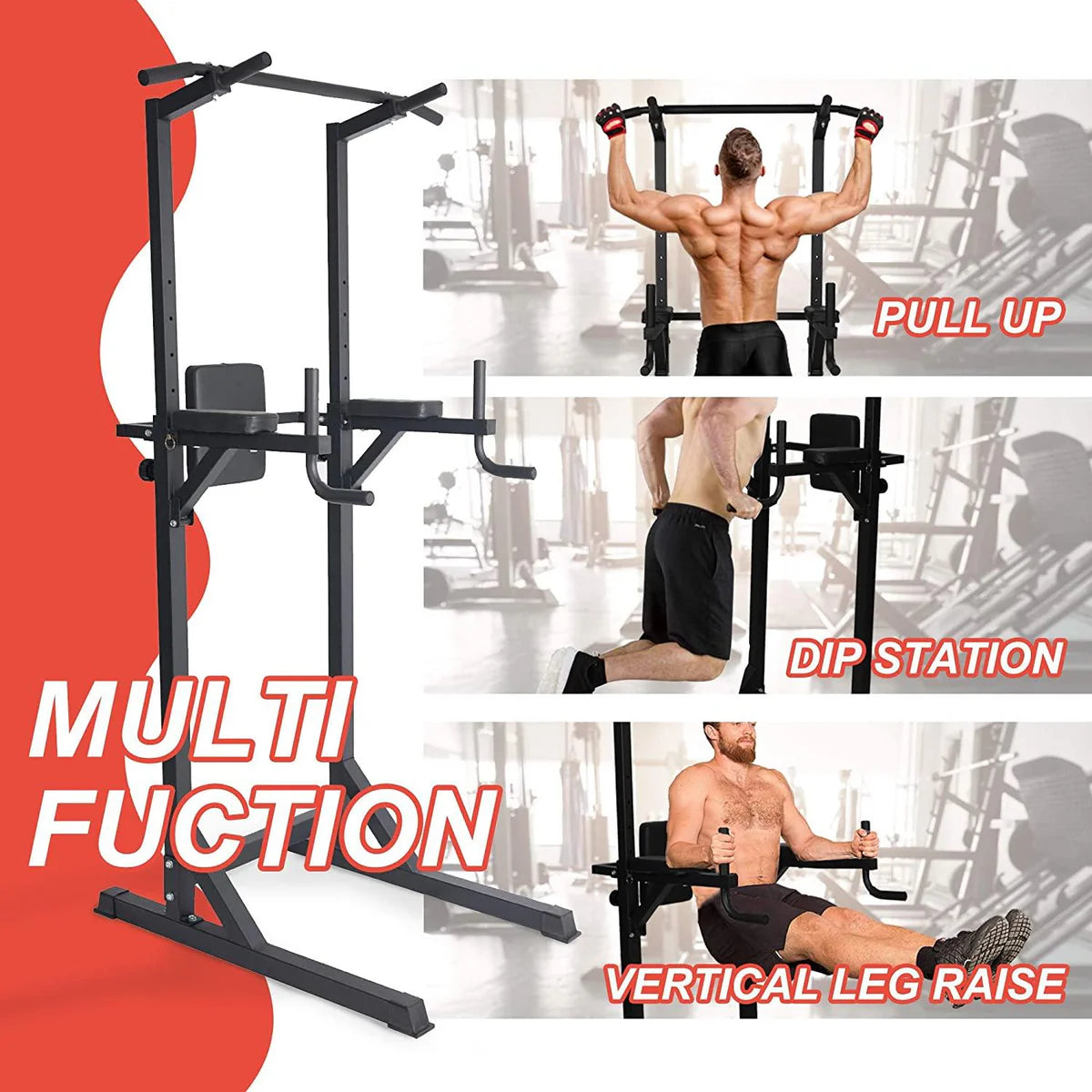 Power Tower Dip Station Pull Up Bar Workout Equipment, Adjustable Height 62.2" to 84.5", Holds Up to 660LBS