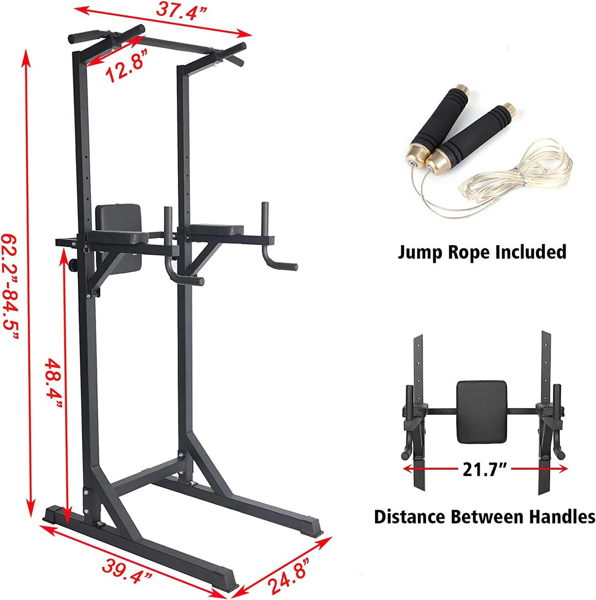 Power Tower Dip Station Pull Up Bar Workout Equipment, Adjustable Height 62.2" to 84.5", Holds Up to 660LBS