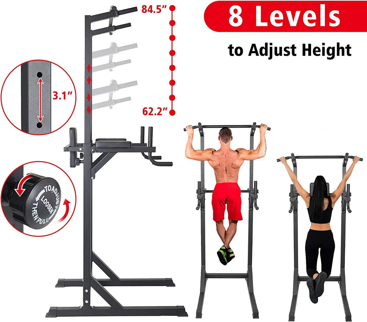 Power Tower Dip Station Pull Up Bar Workout Equipment, Adjustable Height 62.2" to 84.5", Holds Up to 660LBS