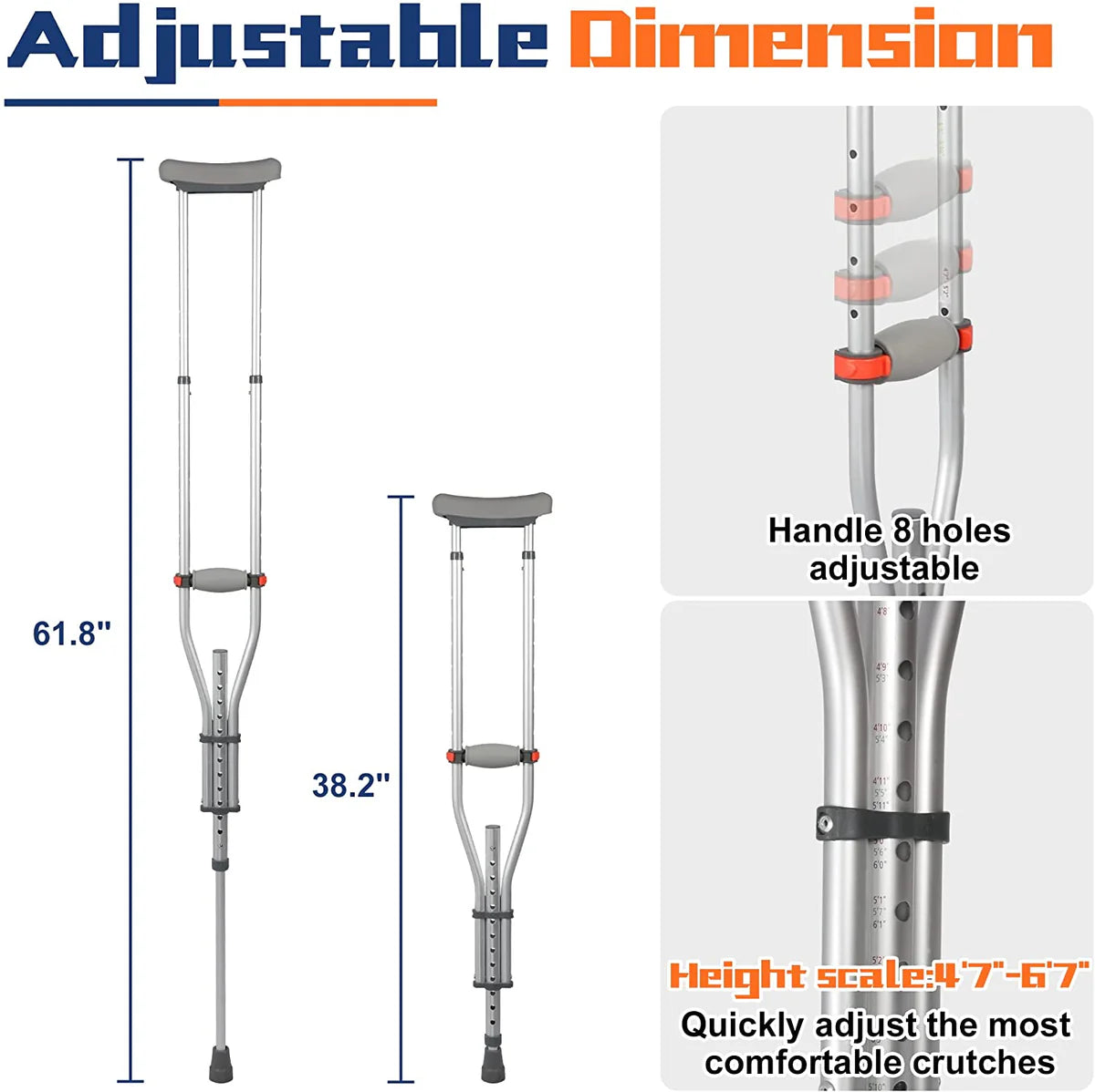 1 Pair Forearm Crutches, Universal Aluminum Non-Slip Crutches w/ Adjustable Height