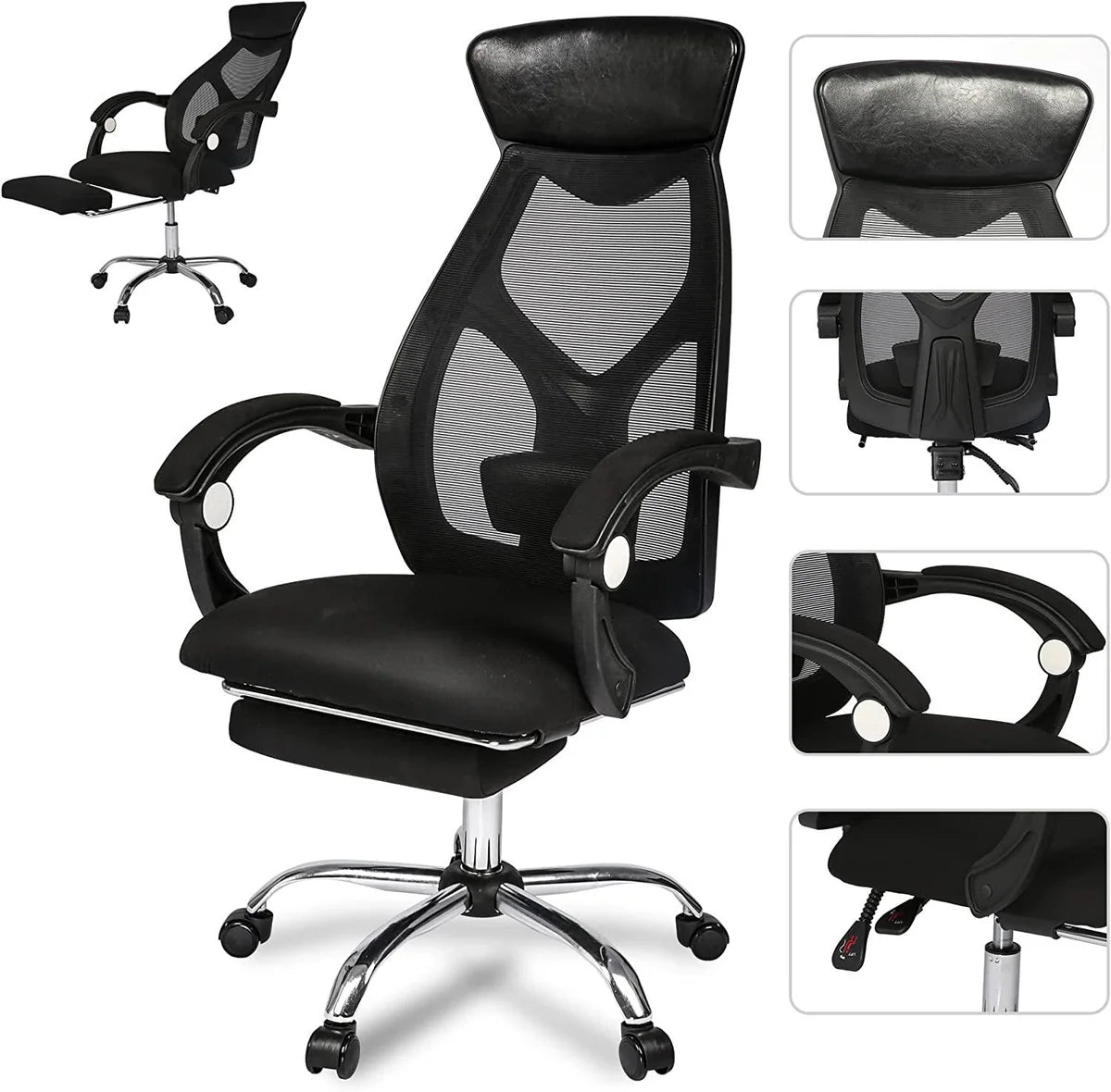 Ergonomic Office Desk Chair Mesh High Back Leather Headrest Adjustable Lumbar Support Recliner, Black