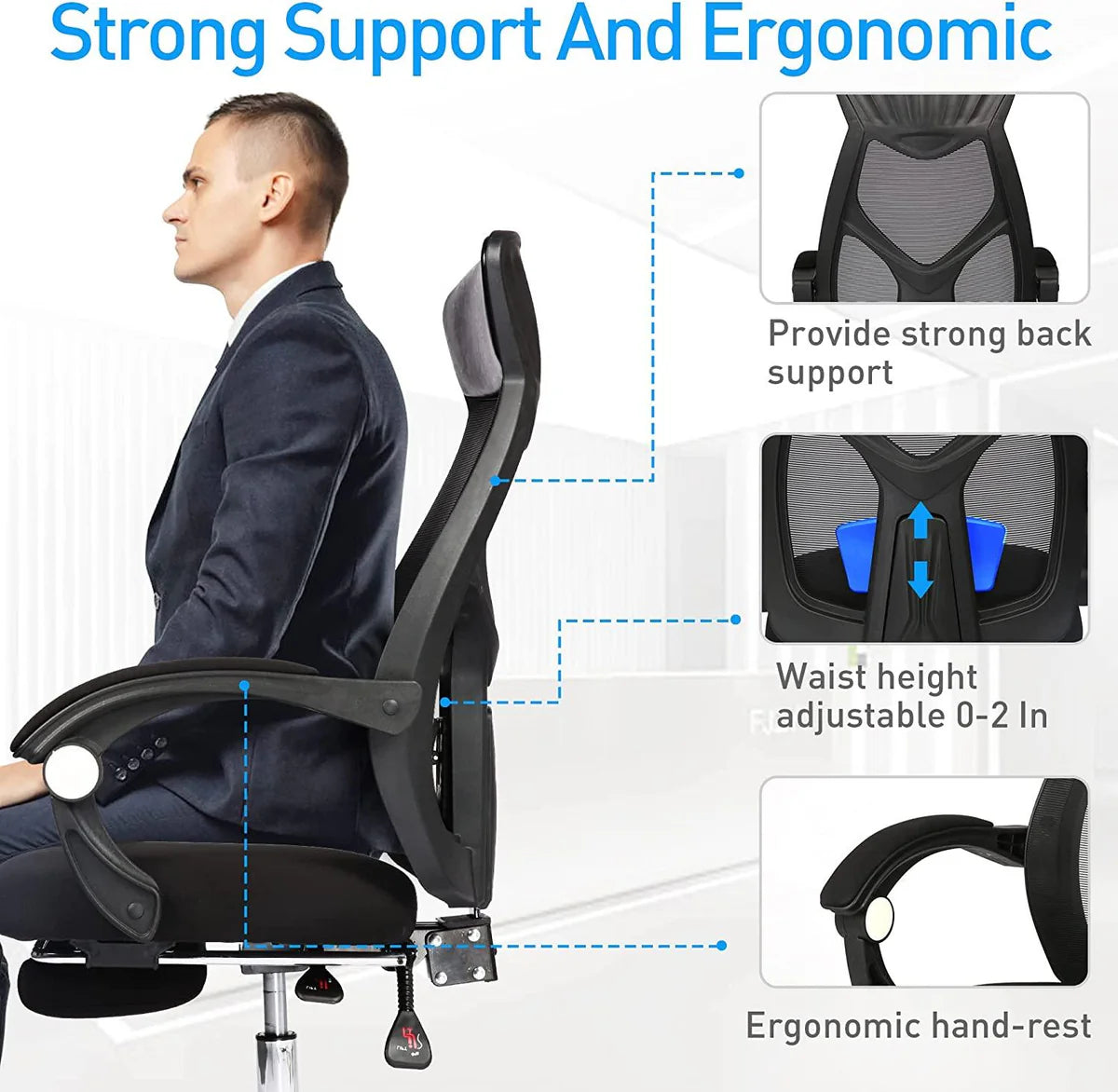 Ergonomic Office Desk Chair Mesh High Back Leather Headrest Adjustable Lumbar Support Recliner, Black