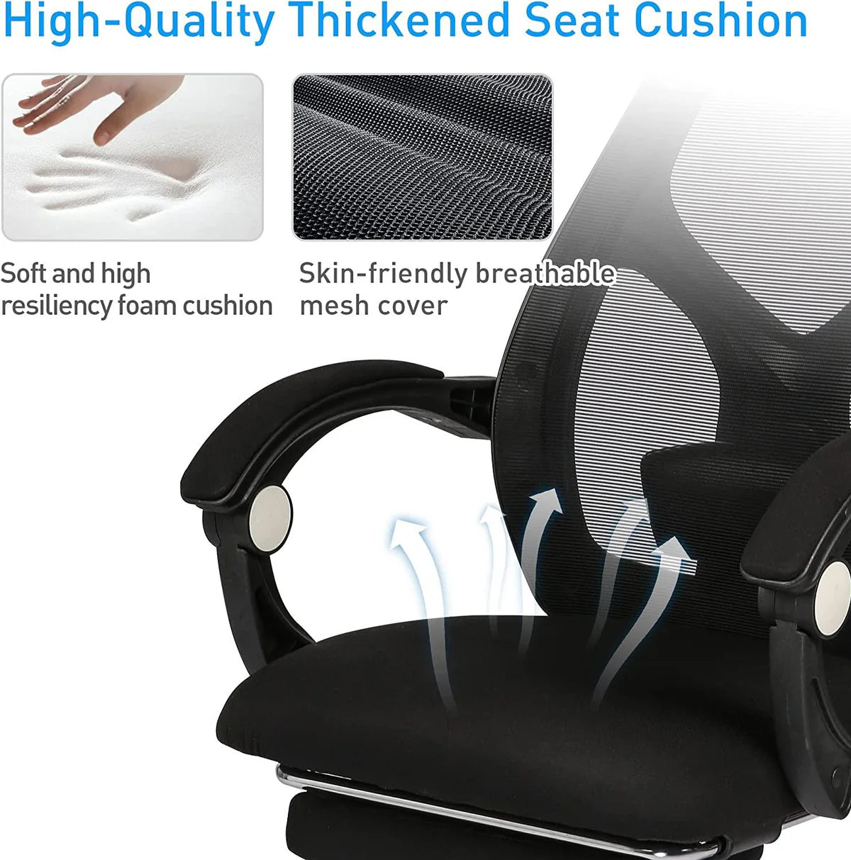 Ergonomic Office Desk Chair Mesh High Back Leather Headrest Adjustable Lumbar Support Recliner, Black