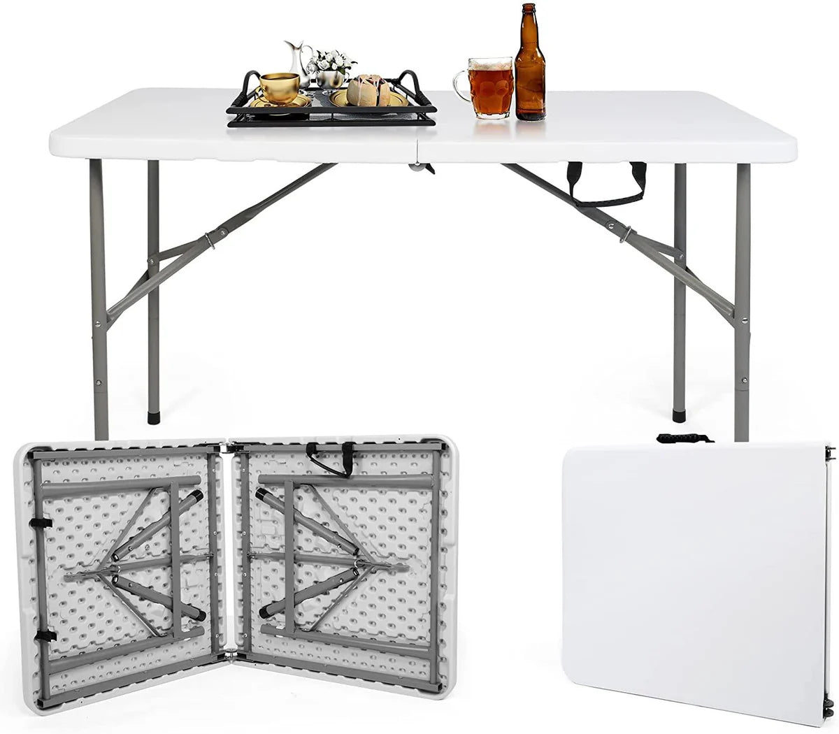 4FT Fold-in-Half Camping Table 48'' White Portable Folding Table w/Handle for Office, Picnic, Wedding