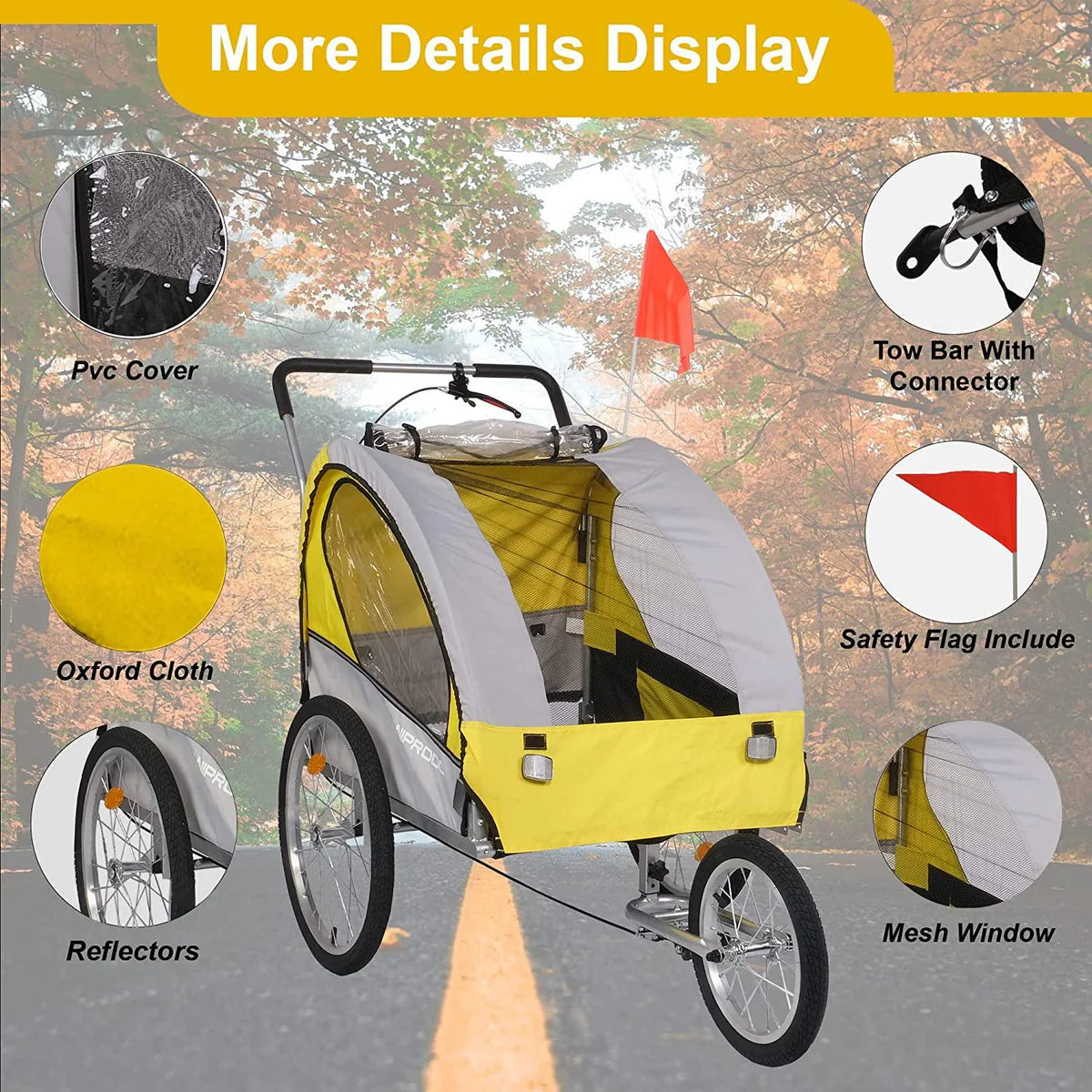 Dog Bike Trailer Cart 2 in 1 Pet Bicycle Stroller for Travel with Reflectors Parking Brake Breathable Protective Net, Yellow