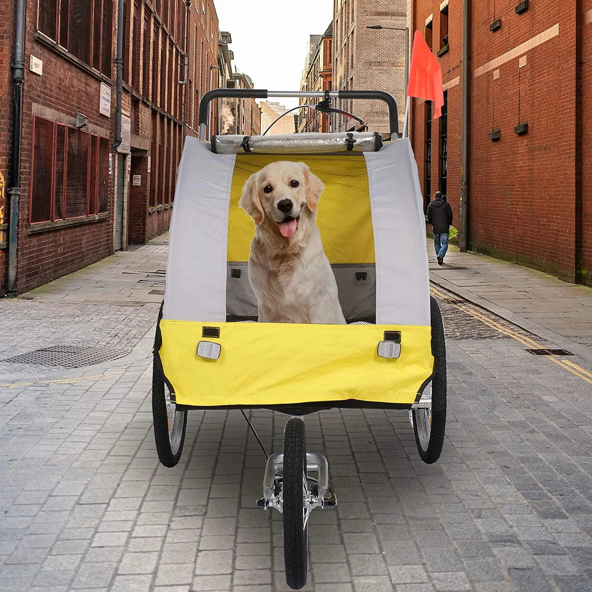 Dog Bike Trailer Cart 2 in 1 Pet Bicycle Stroller for Travel with Reflectors Parking Brake Breathable Protective Net, Yellow