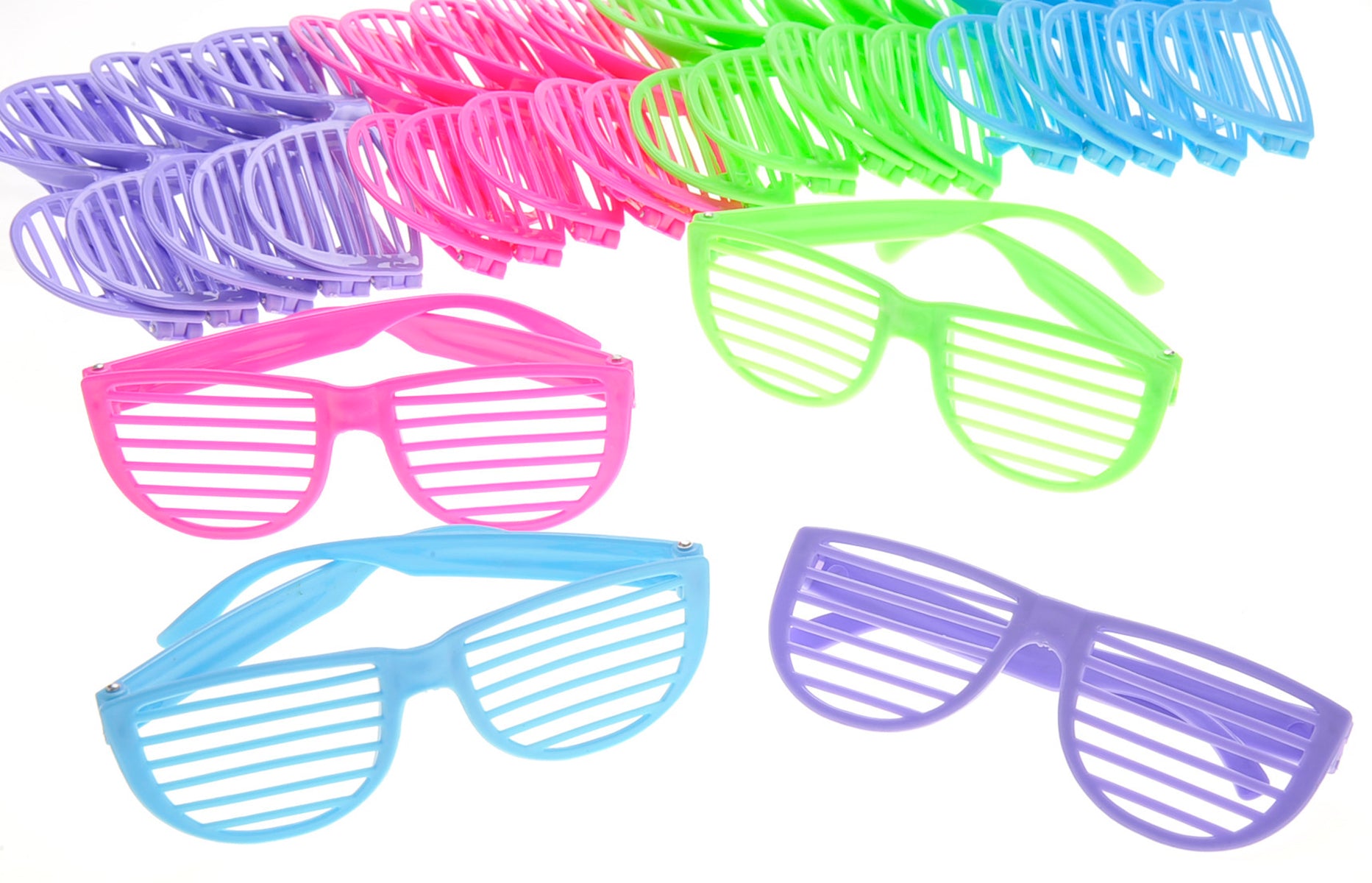 24 pack shutter shades glsases purple, blue green and pink