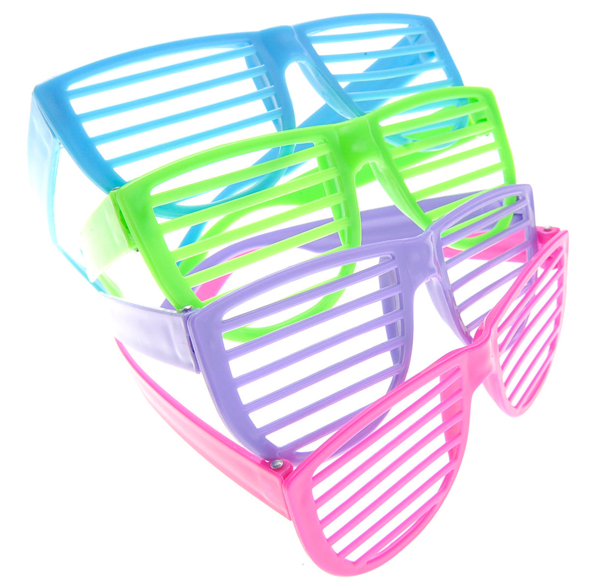 24 pack shutter shades glsases purple, blue green and pink