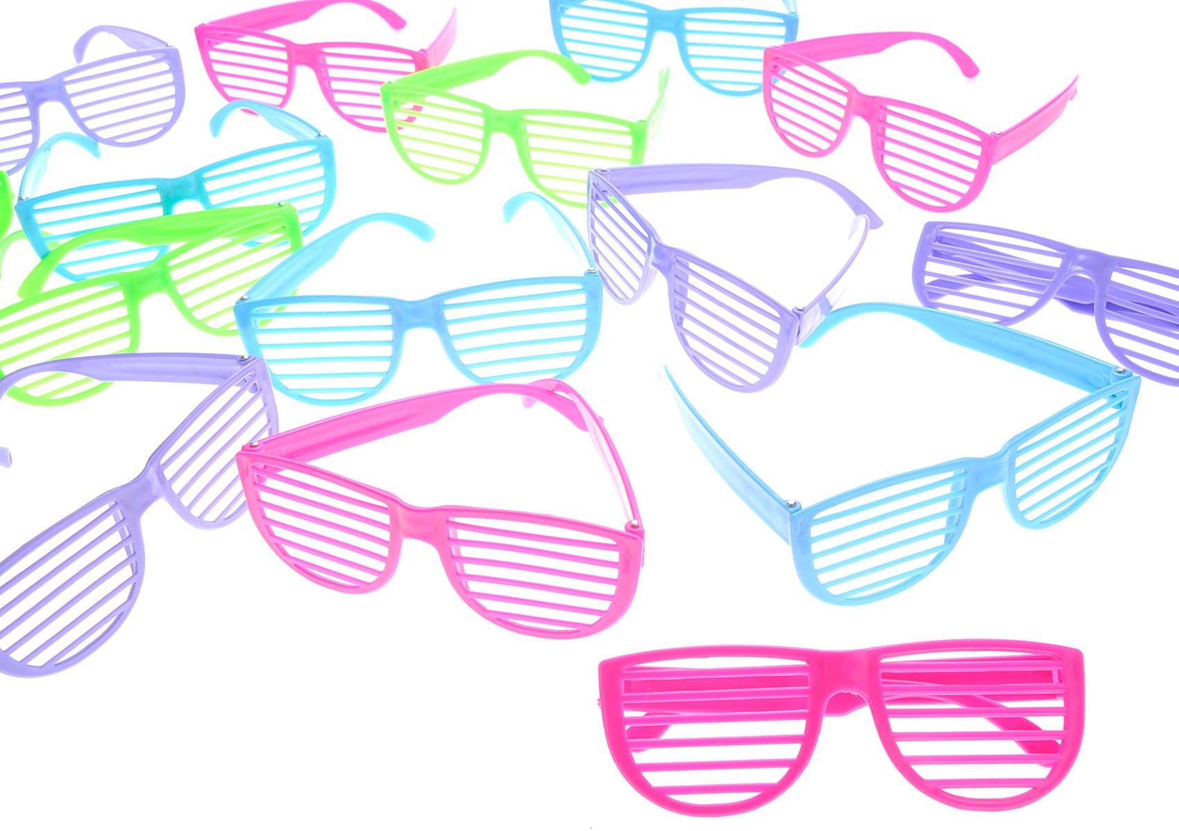 24 pack shutter shades glsases purple, blue green and pink