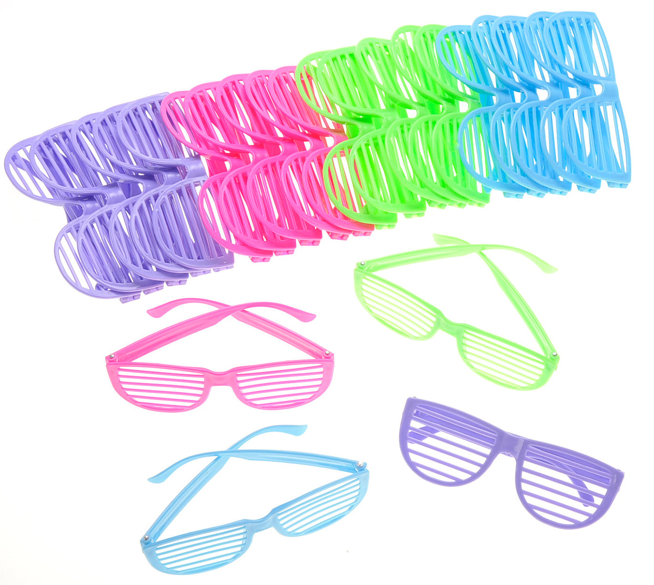 24 pack shutter shades glsases purple, blue green and pink