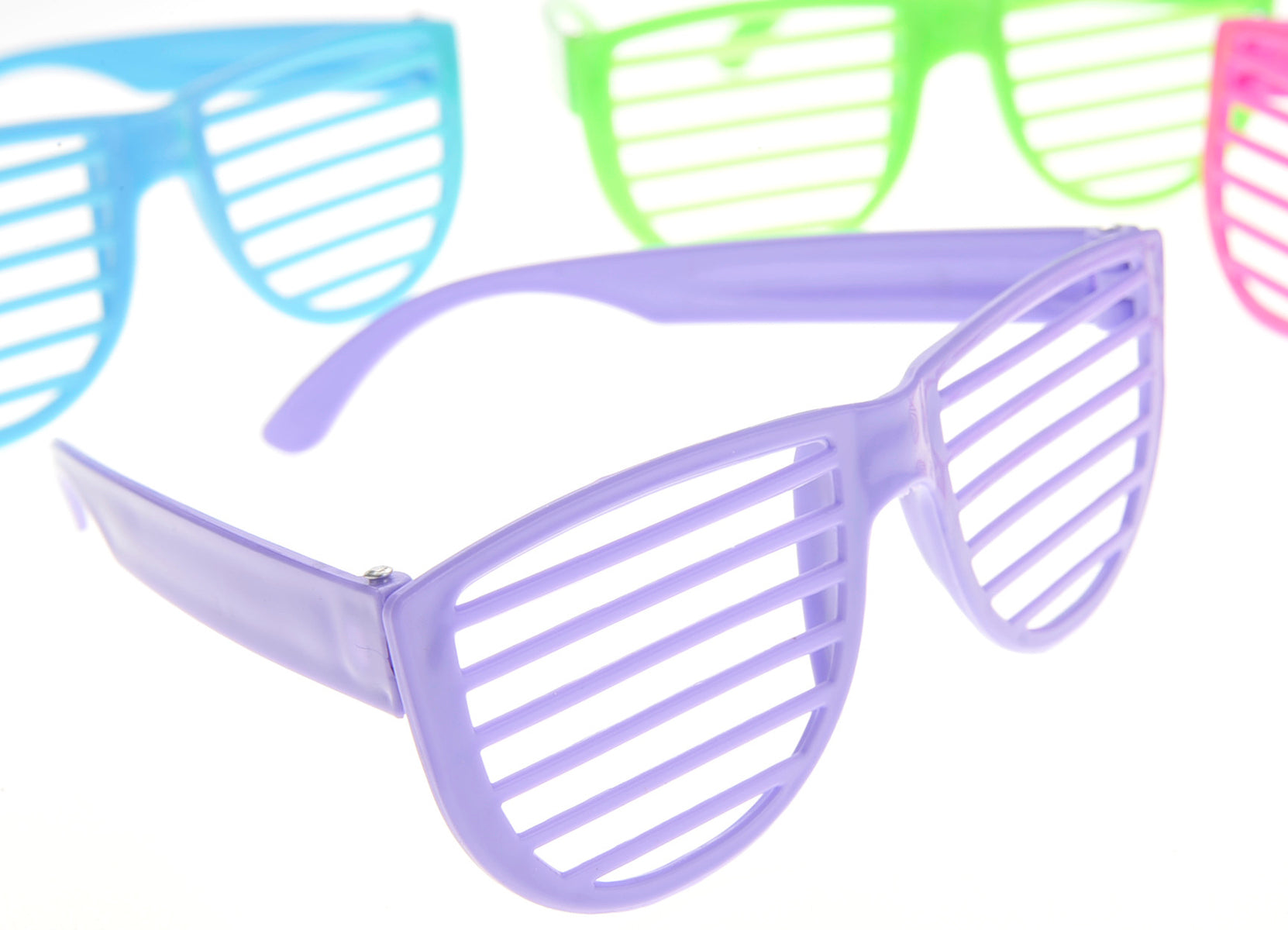 24 pack shutter shades glsases purple, blue green and pink