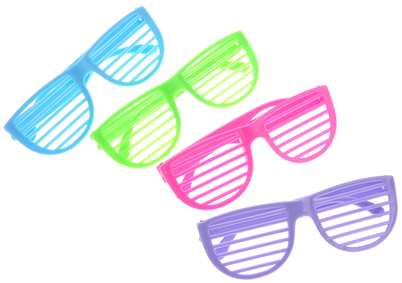 24 pack shutter shades glsases purple, blue green and pink