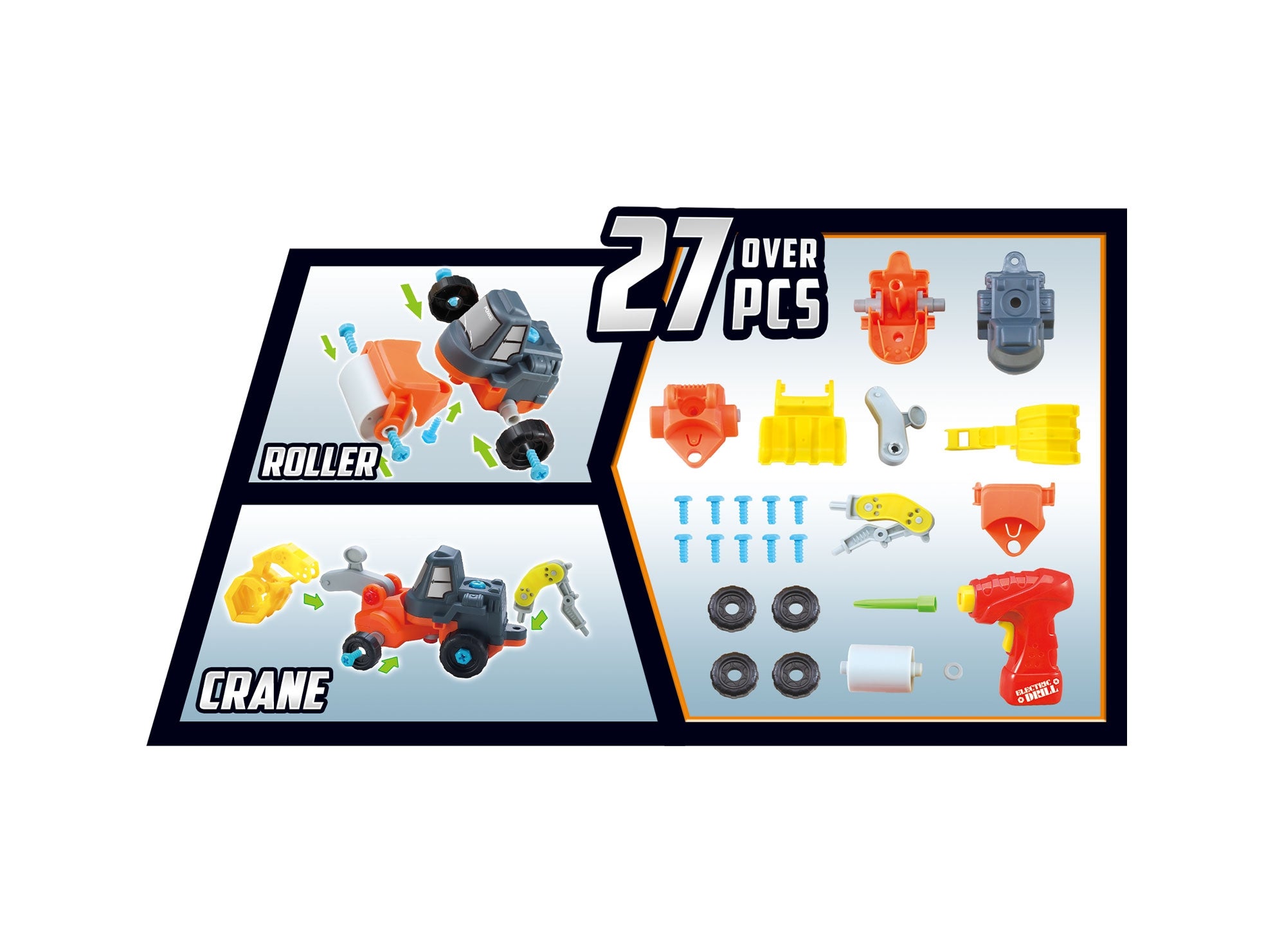 3-In-1 Take-A Part Construction Toy Truck With Power Tool (Bulldozer + Excavator + Roller)