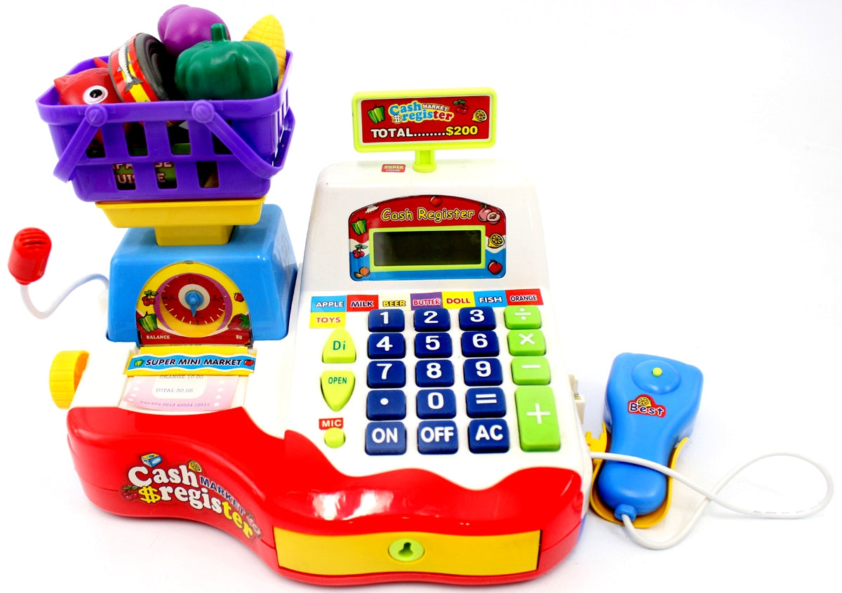 Supermarket Cash Register With Checkout Scanner, Weight Scale, Microphone, Calculator, Play Money And Food Shopping Playset For Kids