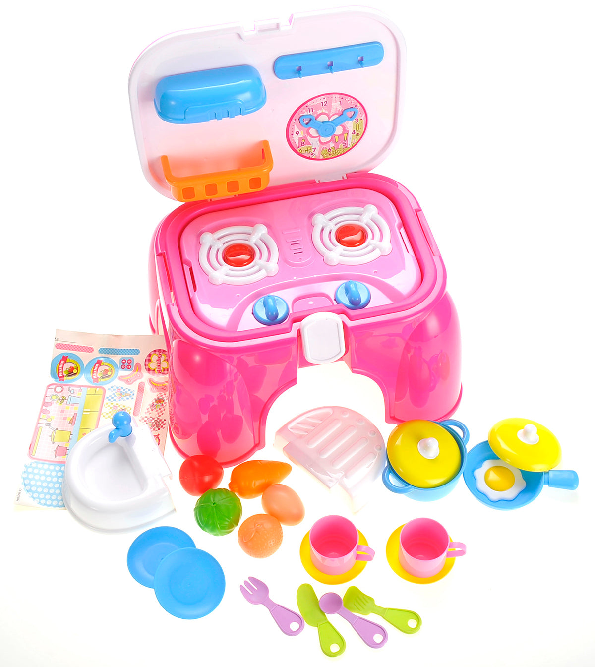 Portable Kids Kitchen Cooking Set Toy With Lights And Sounds, Folds Into Stepstool