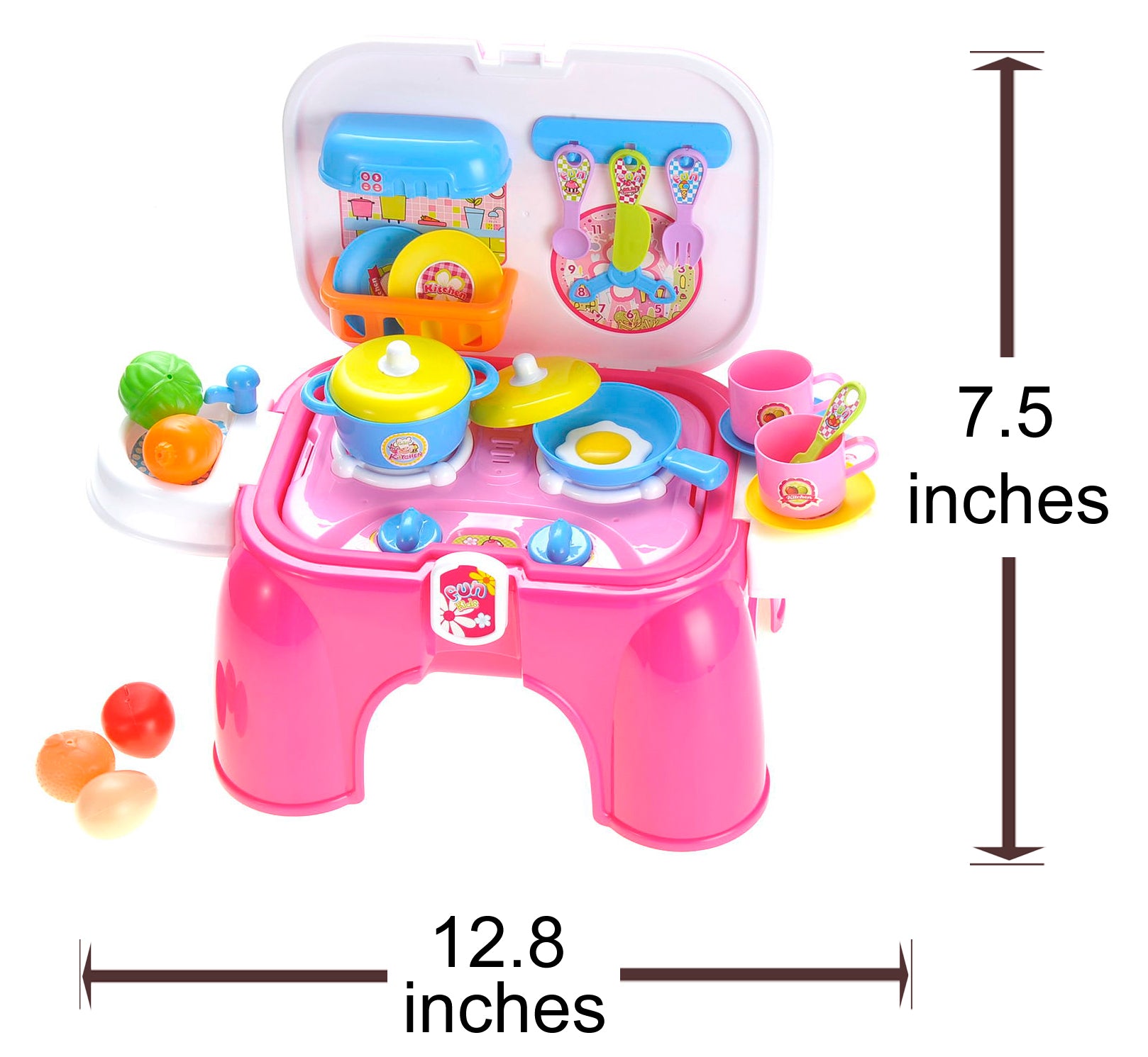 Portable Kids Kitchen Cooking Set Toy With Lights And Sounds, Folds Into Stepstool