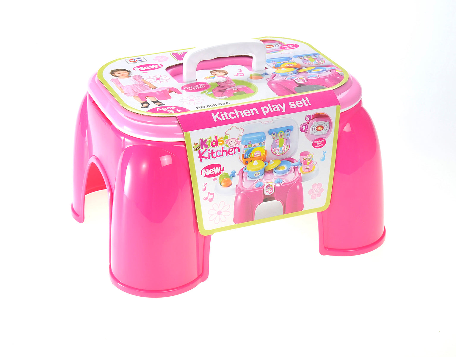 Portable Kids Kitchen Cooking Set Toy With Lights And Sounds, Folds Into Stepstool