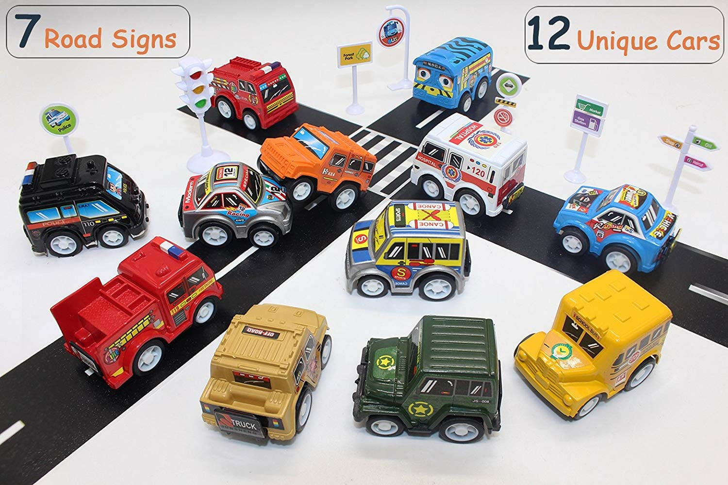 12 Piece Pull Back And Go Toy Cars With Road Signs