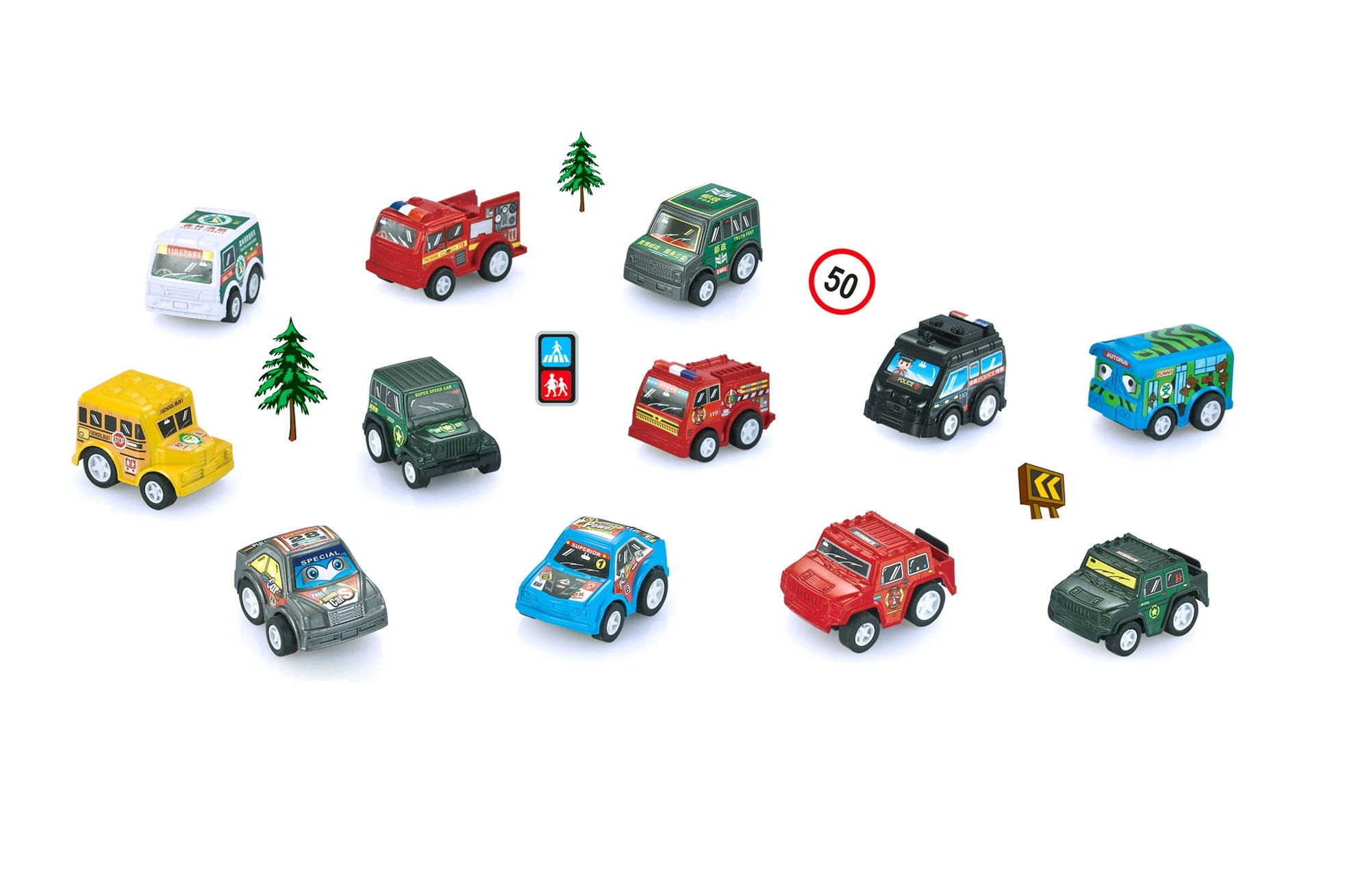 12 Piece Pull Back And Go Toy Cars With Road Signs