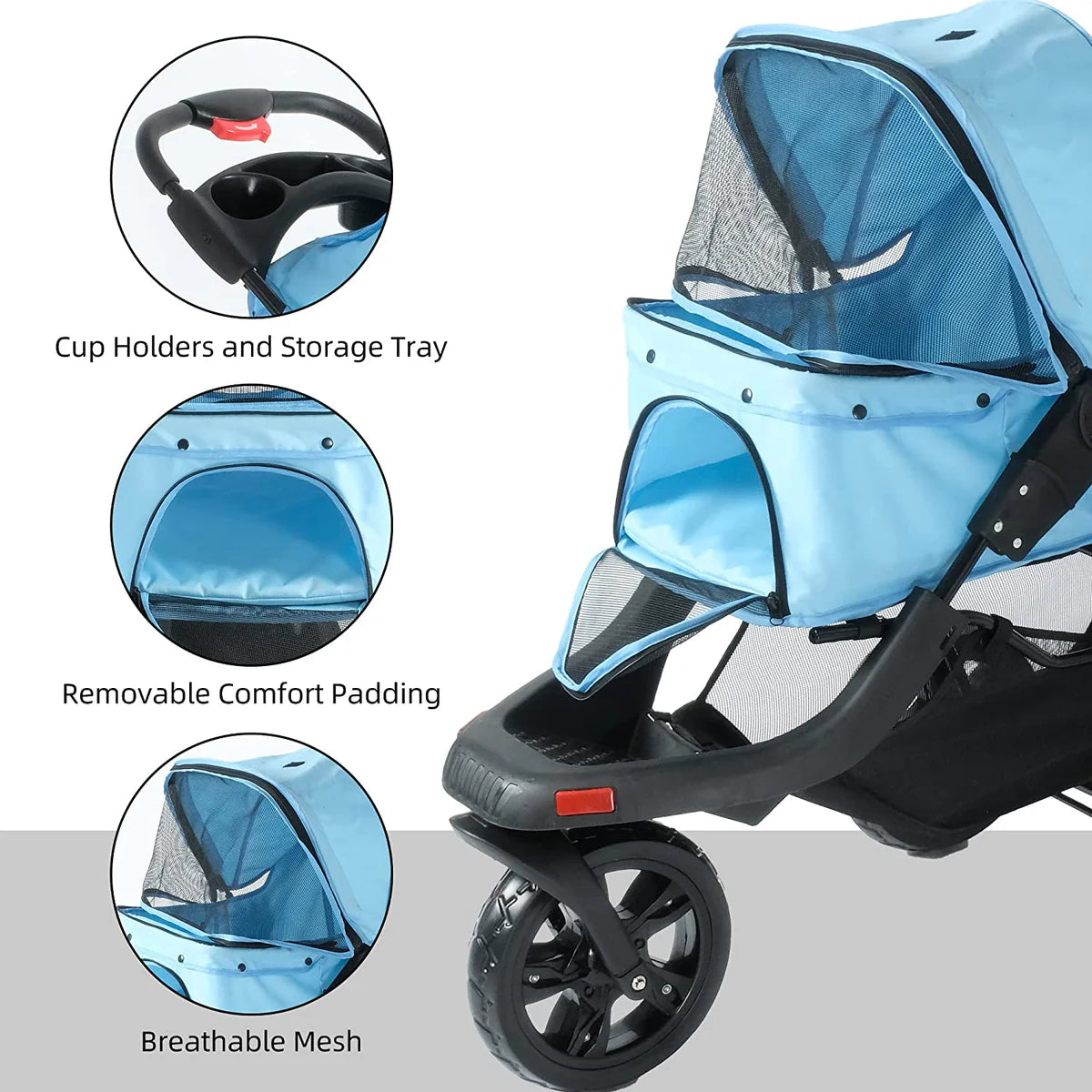 3-Wheels pet Stroller, Foldable Jogger Pet Stroller with Storage Basket, Blue