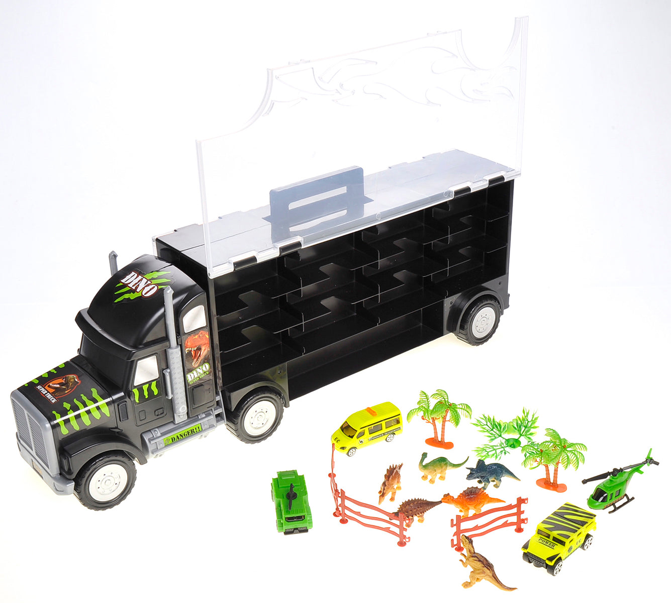 22" Transport Dinosaurs Car Carrier Truck Toy Includes Dinosaur Toys, Cars And Helicopter