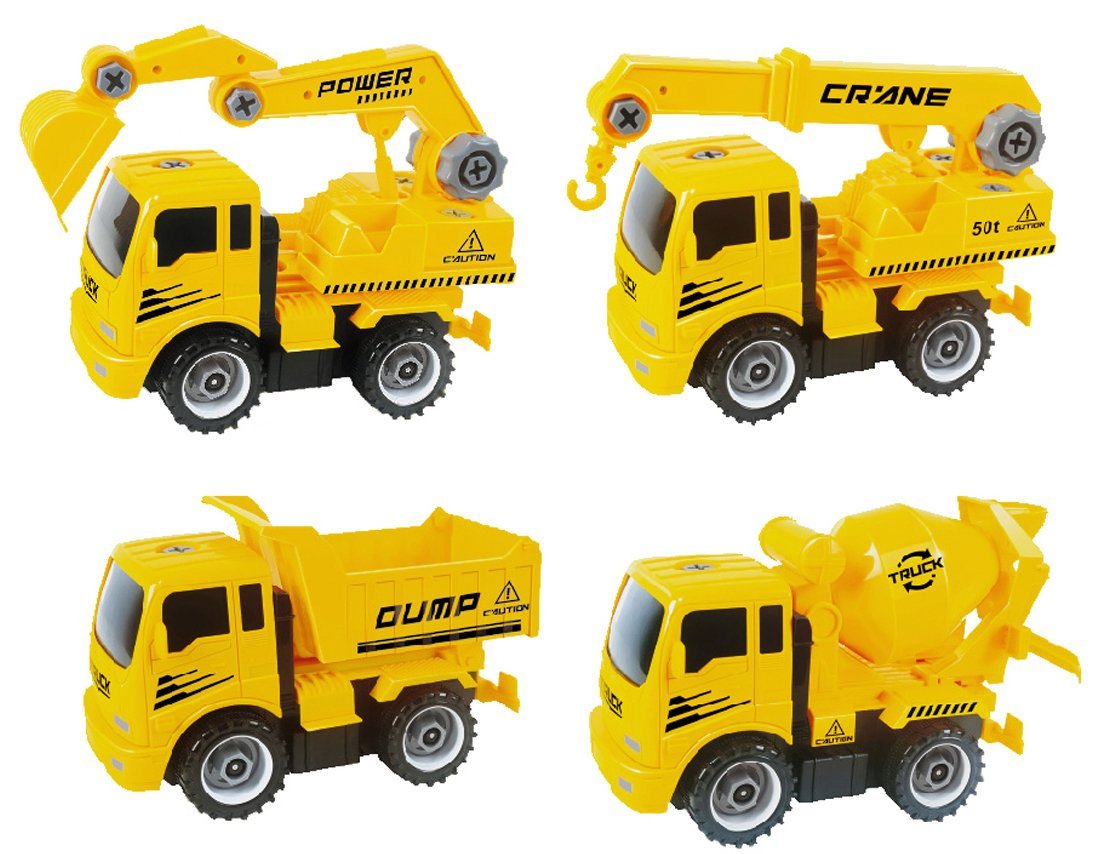 Take-A-Part Friction Powered Construction Trucks With Crane, Excavator, Mixer, Dump Truck